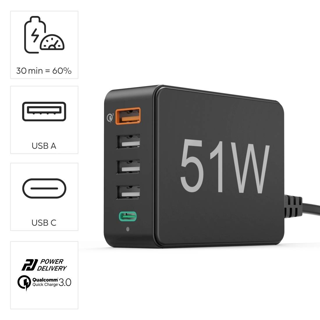 Hama USB Ladestation 51 W USB-A, USB-C® Schwarz Innenbereich