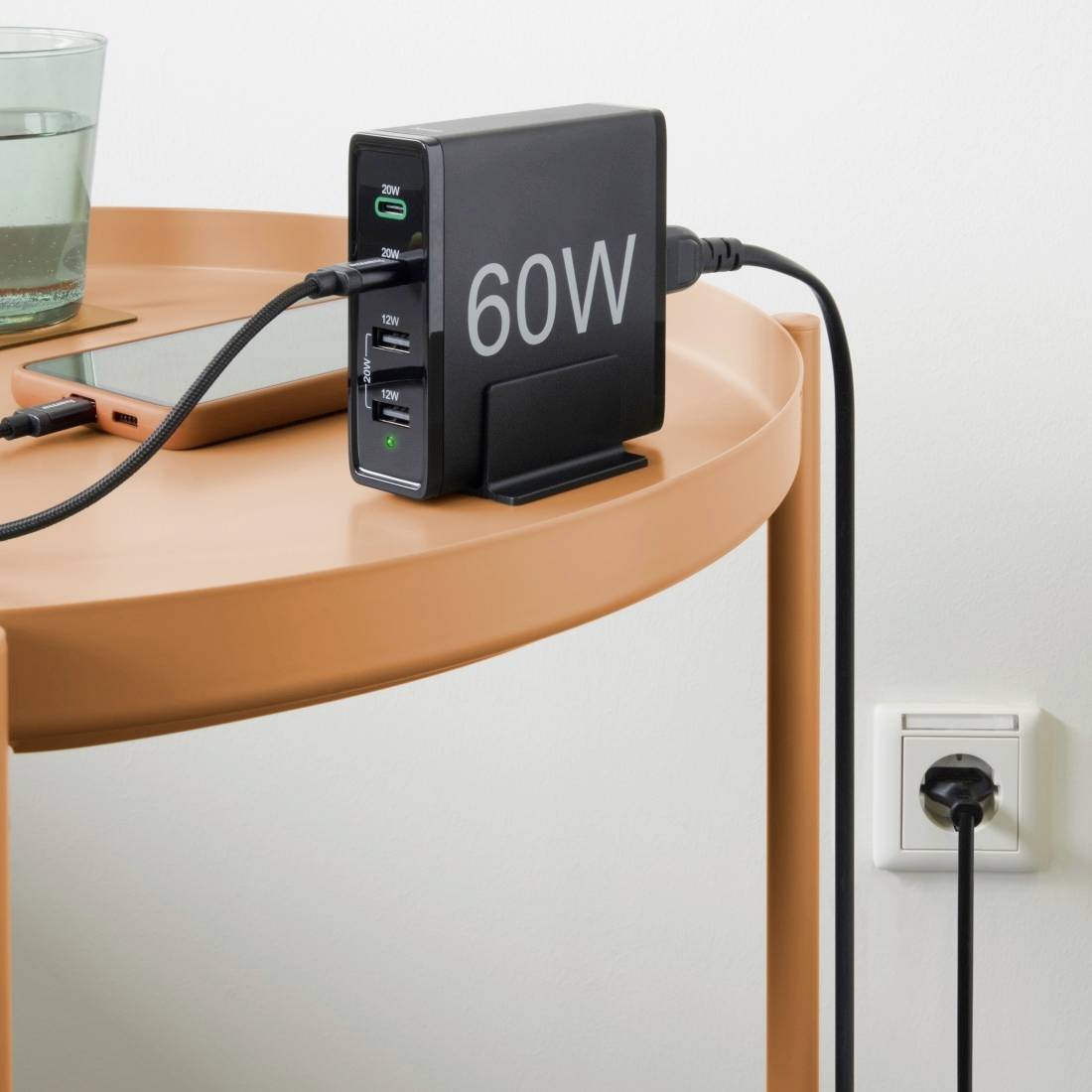 hama 00201628 Ladestation 4 Ports, Schnellladegerät, 2x USB-C, 2x USB-A, PD, 60 W, SW