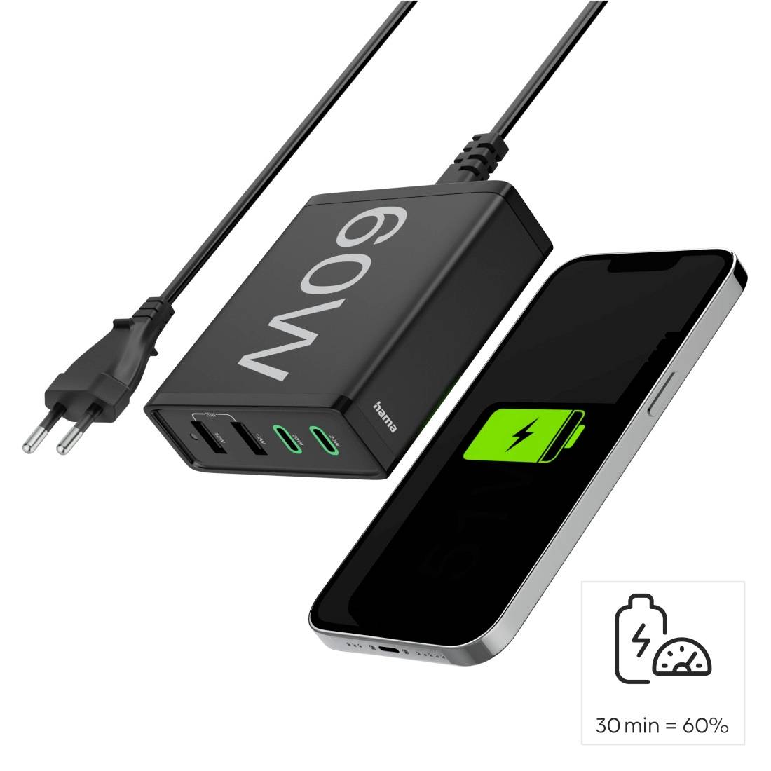 Hama USB Ladestation 60 W USB-A, USB-C® Schwarz Innenbereich