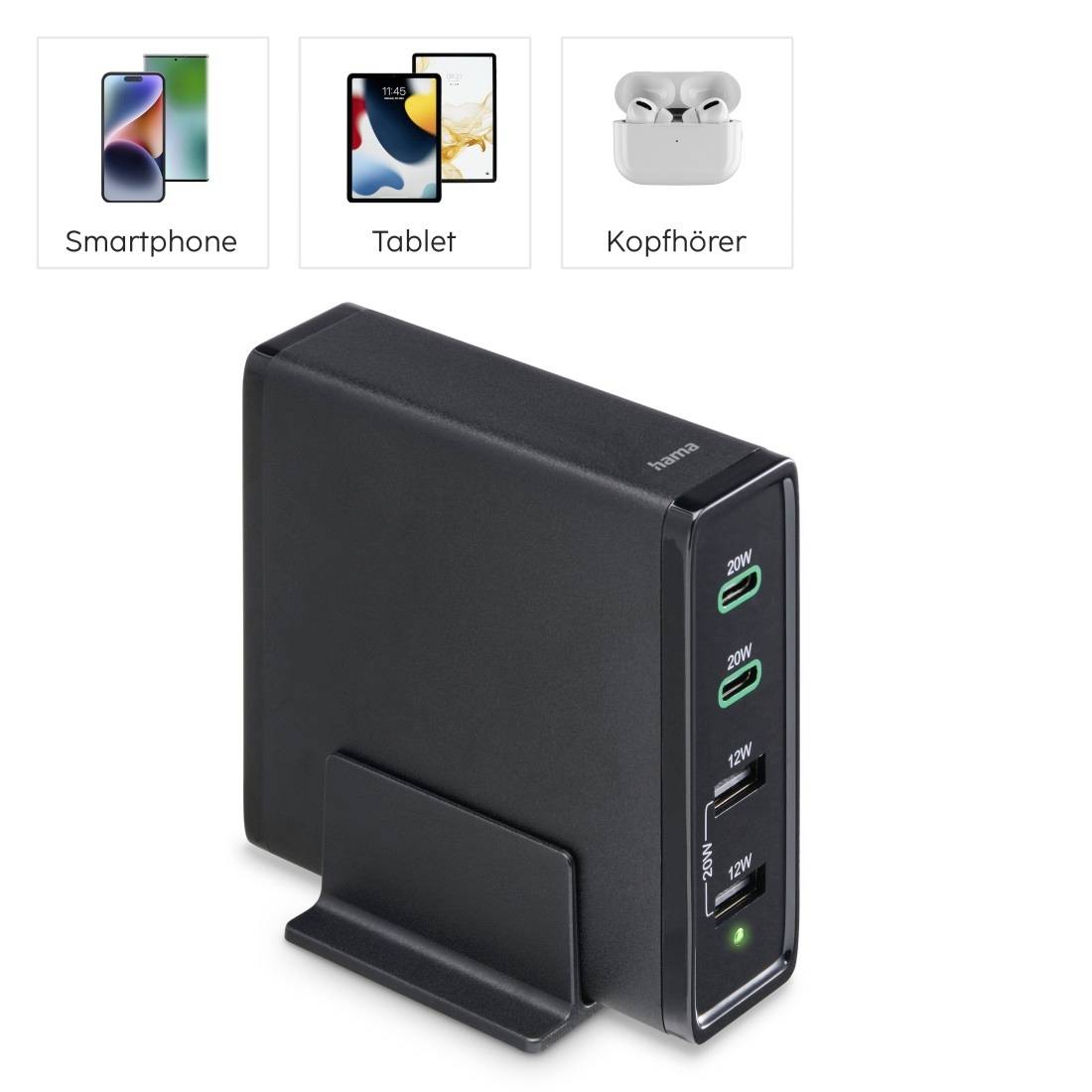hama 00201628 Ladestation 4 Ports, Schnellladegerät, 2x USB-C, 2x USB-A, PD, 60 W, SW