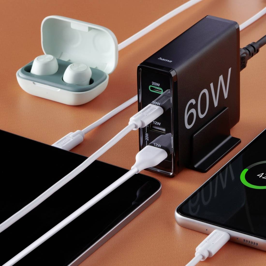 hama 00201628 Ladestation 4 Ports, Schnellladegerät, 2x USB-C, 2x USB-A, PD, 60 W, SW