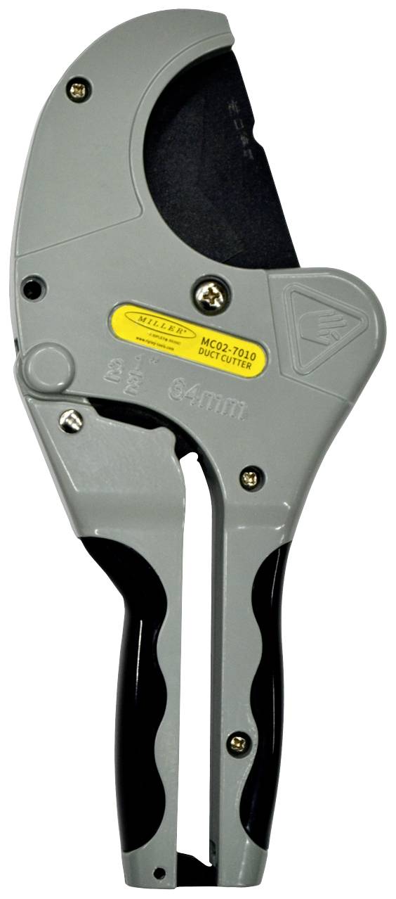 Graue Rohrschere mit schwarzem Griff und gelber Etikette; geeignet zum Schneiden von Rohren bis zu 64 mm Durchmesser.