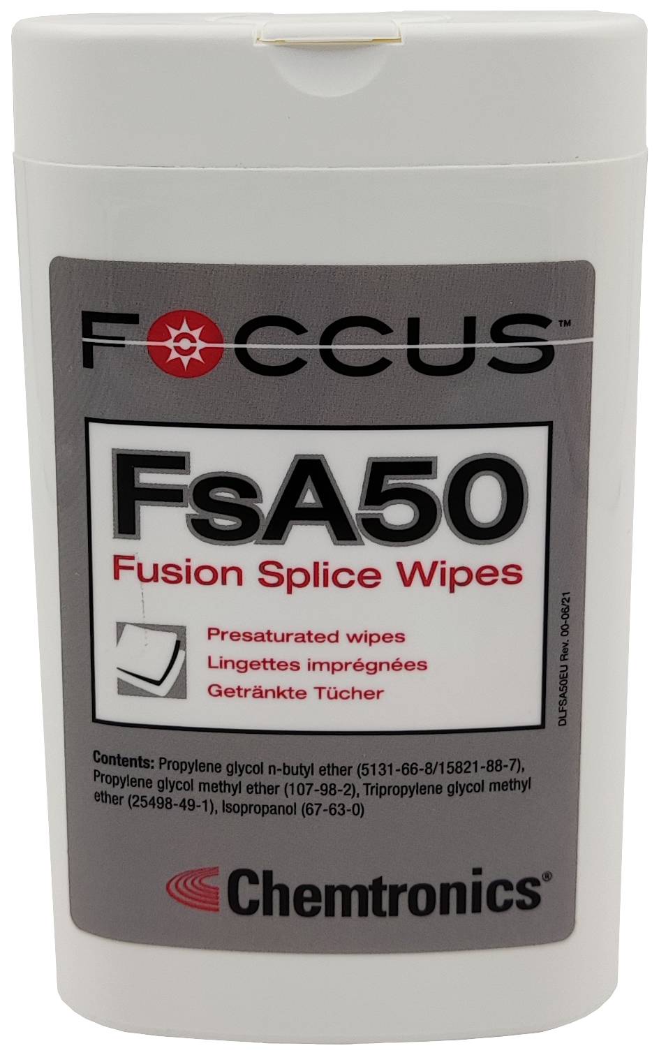'FOCCUS Fusion Splice Wipes' Dose. Enthält getränkte Tücher zur Reinigung von Spleißverbindungen. Markenname 'Chemtronics' unten.