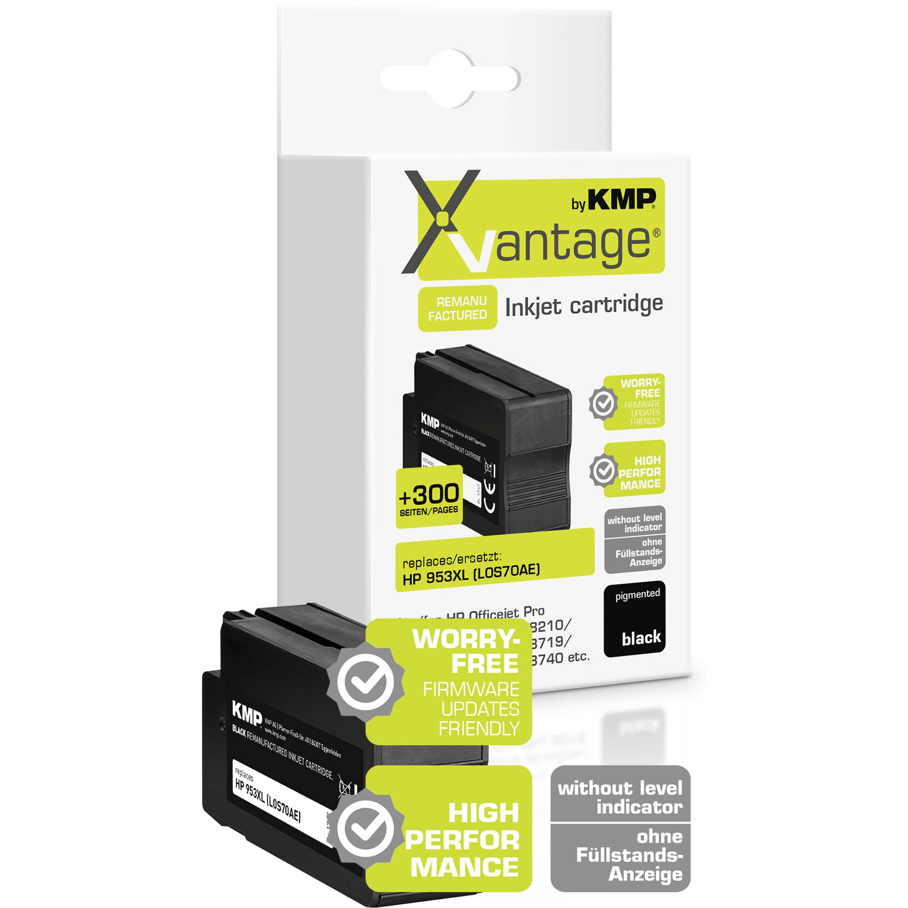 Patrone für Tintenstrahldrucker von KMP in Schwarz, kompatibel mit HP 953XL. Verpackung zeigt Produktdetails und Leistungsvorteile.