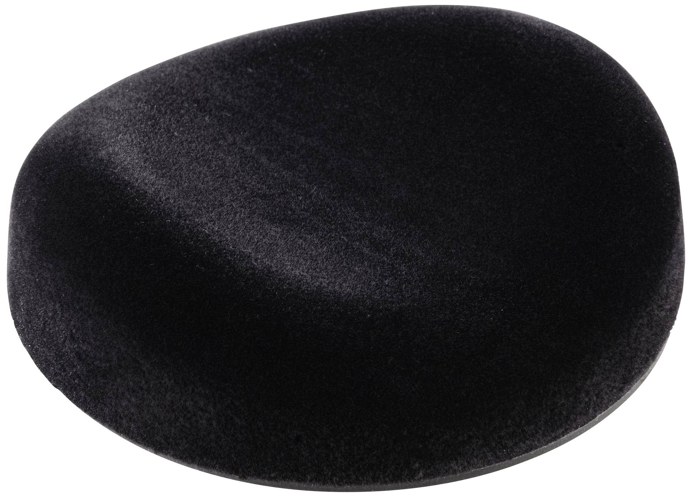 Ein schwarzes, nierenförmiges Schaumstoff-Popfilter für ein Mikrofon liegt auf einer weißen Oberfläche.