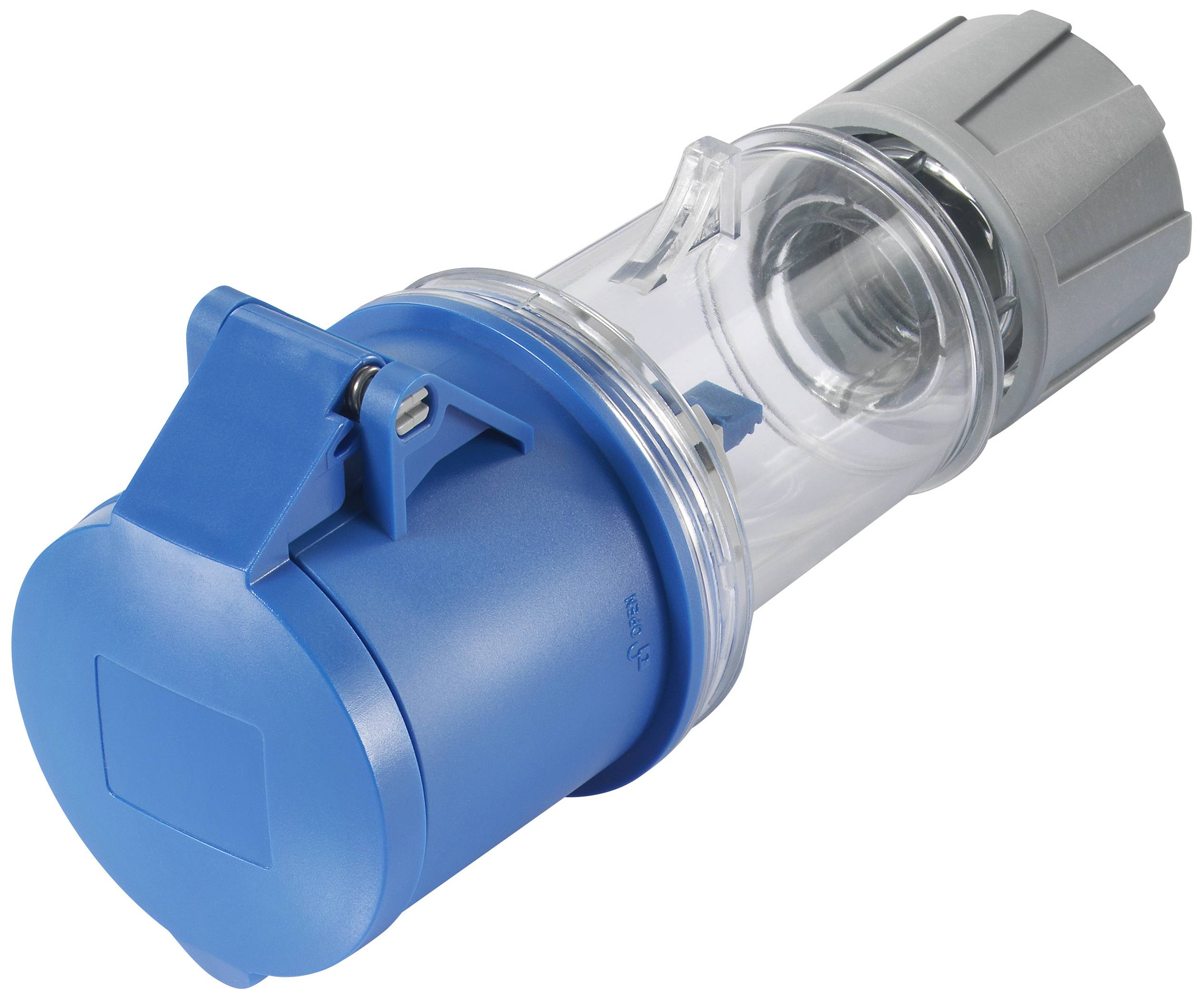 Ein blauer CEE-Stecker mit transparentem Teil und grauer Rückseite, verwendet für industrielle Stromverbindungen.