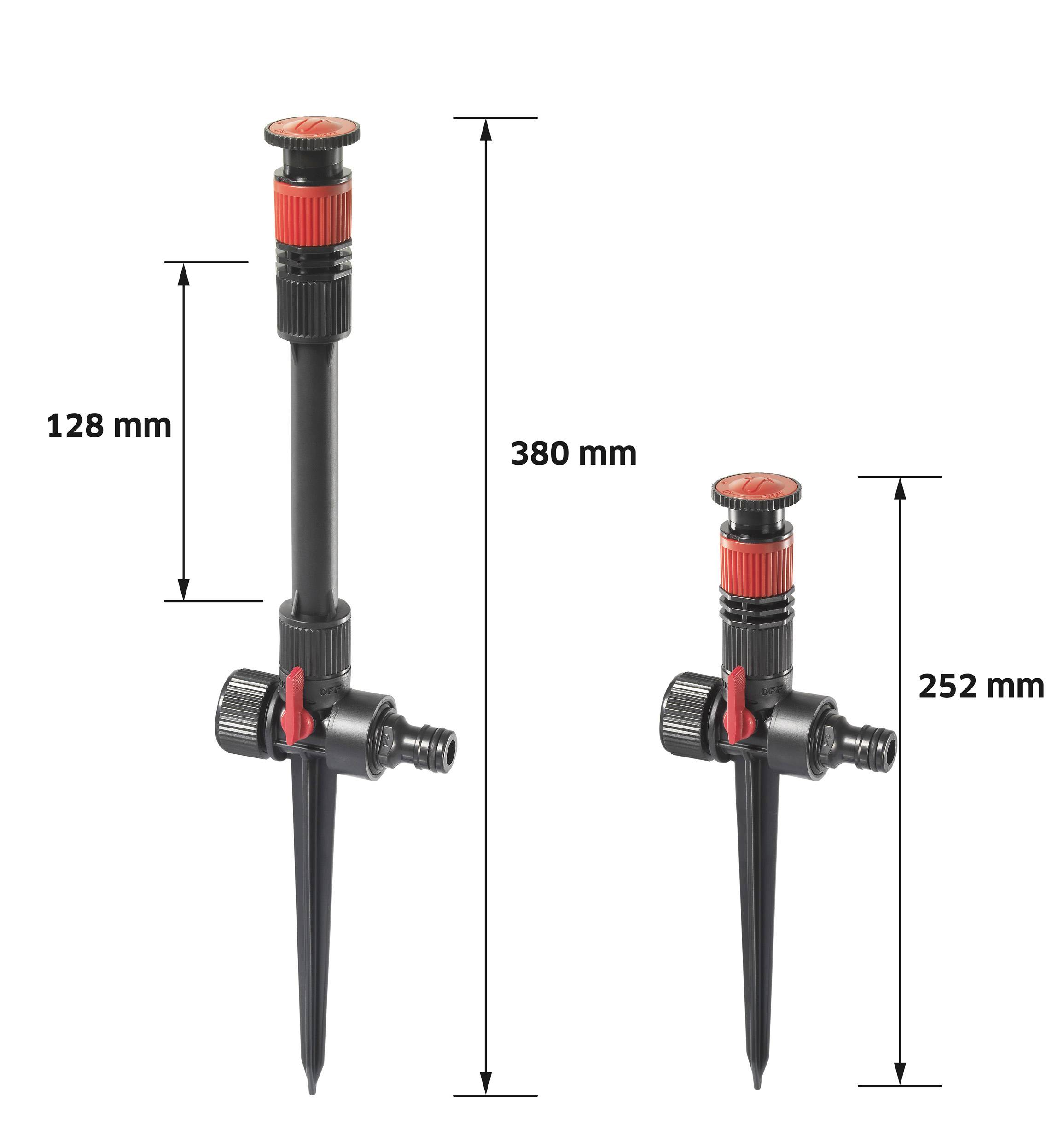 Zwei verstellbare Garten-Bewässerungssprinkler, einer mit Höhe von 380 mm, der andere 252 mm. Beide mit rotem und schwarzem Design.