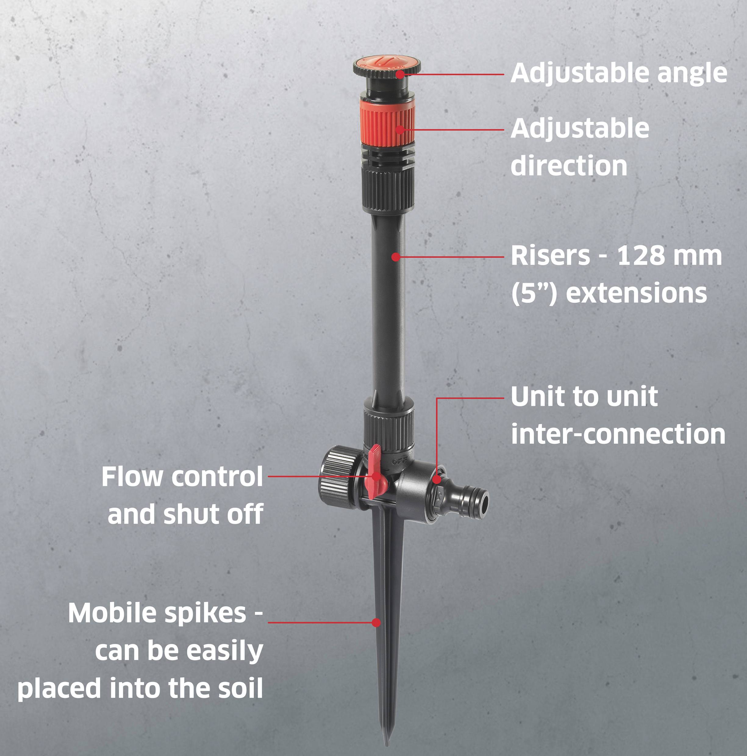 Ein schwarzer Bewässerungssprinkler mit roten Einstellknöpfen. Markierungen zeigen den verstellbaren Winkel, Richtung, Steighöhen von 128 mm, Flusskontrolle und mobile Spikes zur Bodenplatzierung.