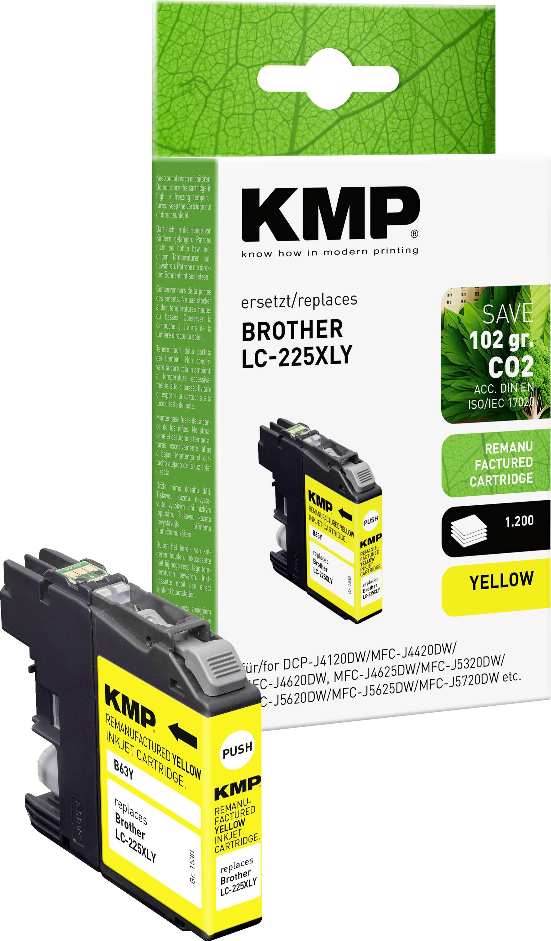 KMP Regenerierter Gelbtoner für Brother-Drucker, Modell LC-225XLY. Verpackung enthält Angaben zu CO2-Einsparungen und Kompatibilitätsdetails.