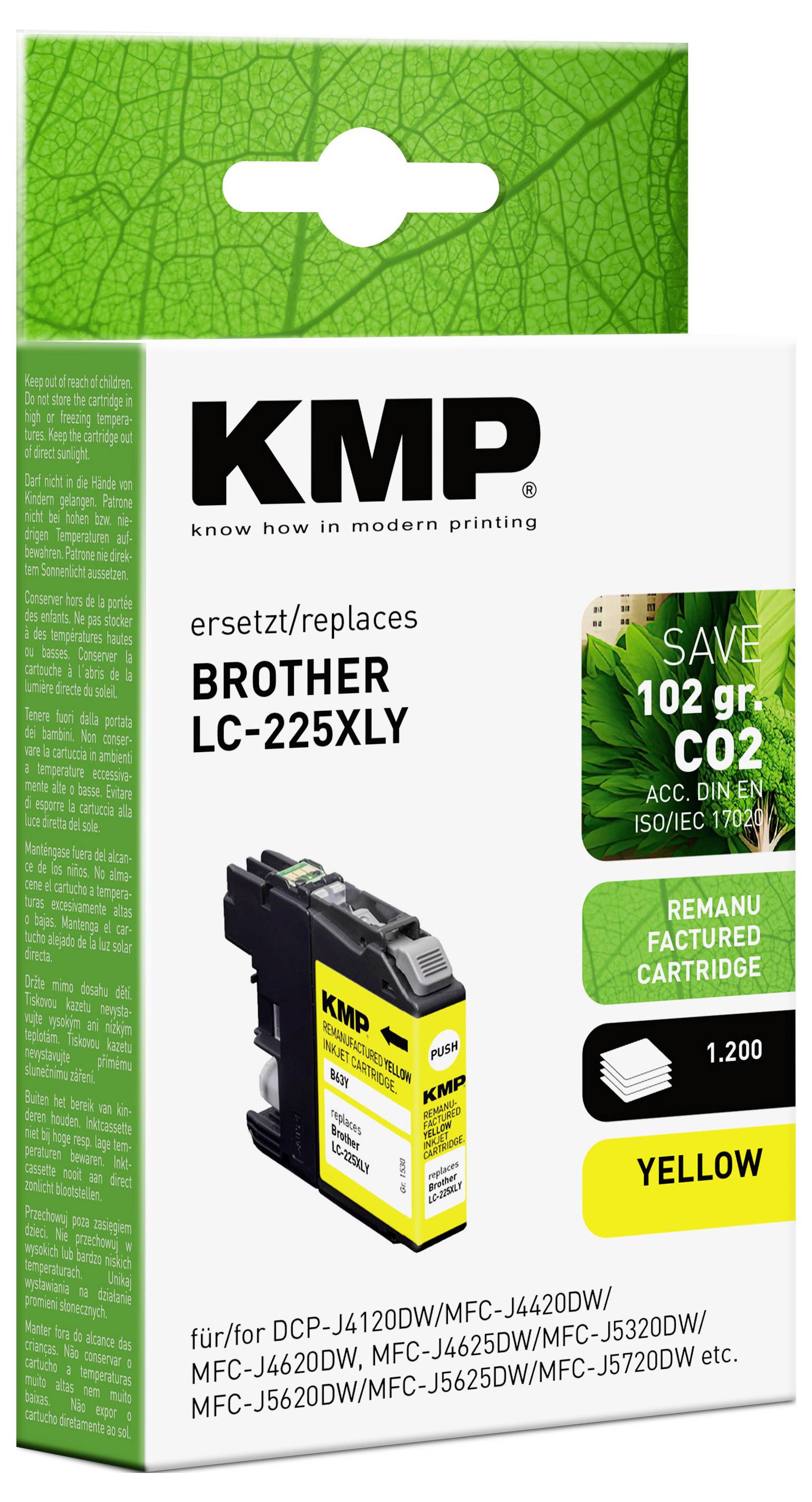 KMP Brother LC-225XLY Gelb-Tintenpatrone; hebt 102g CO2-Einsparung hervor; kompatibel mit verschiedenen Brother Druckermodellen.