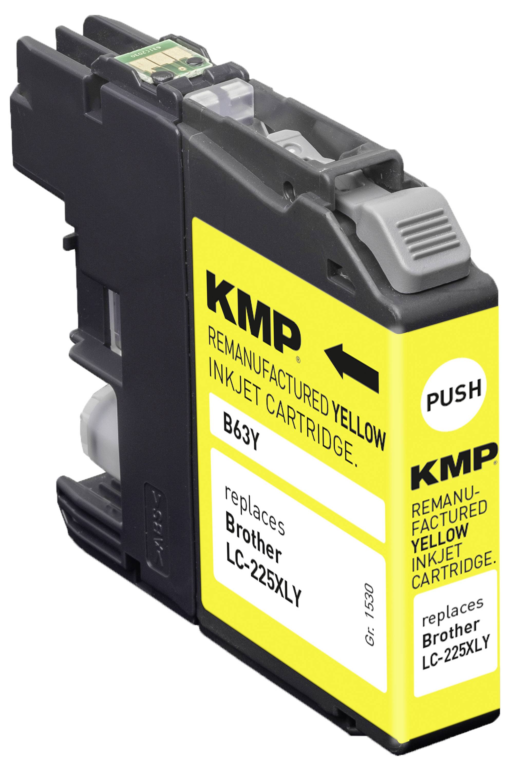 Regenerierte gelbe Tintenpatrone mit der Bezeichnung KMP B63Y, kompatibel mit Brother LC-225XLY Druckern, mit Druckknopf auf der Oberseite.