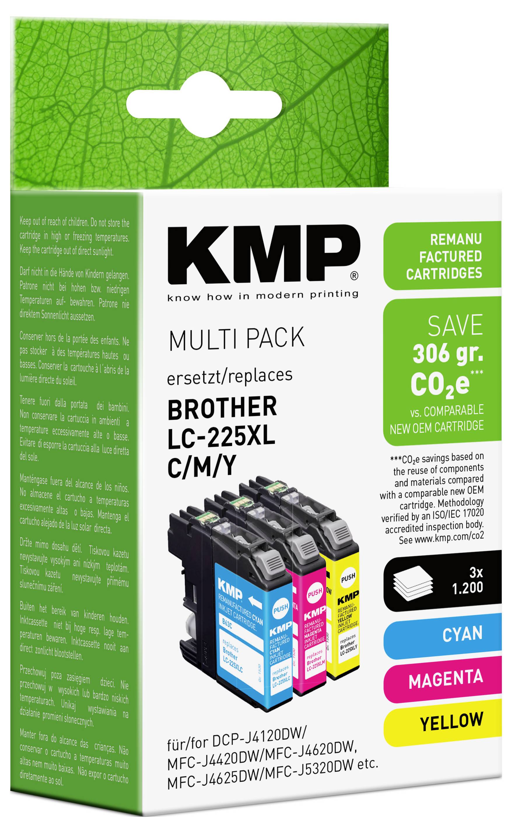KMP Tintenpatronen-Multipack als Ersatz für Brother LC-225XL, 3er-Pack cyan, magenta und gelb, spart 306 g CO2e ein, auf der Produktverpackung angegeben.