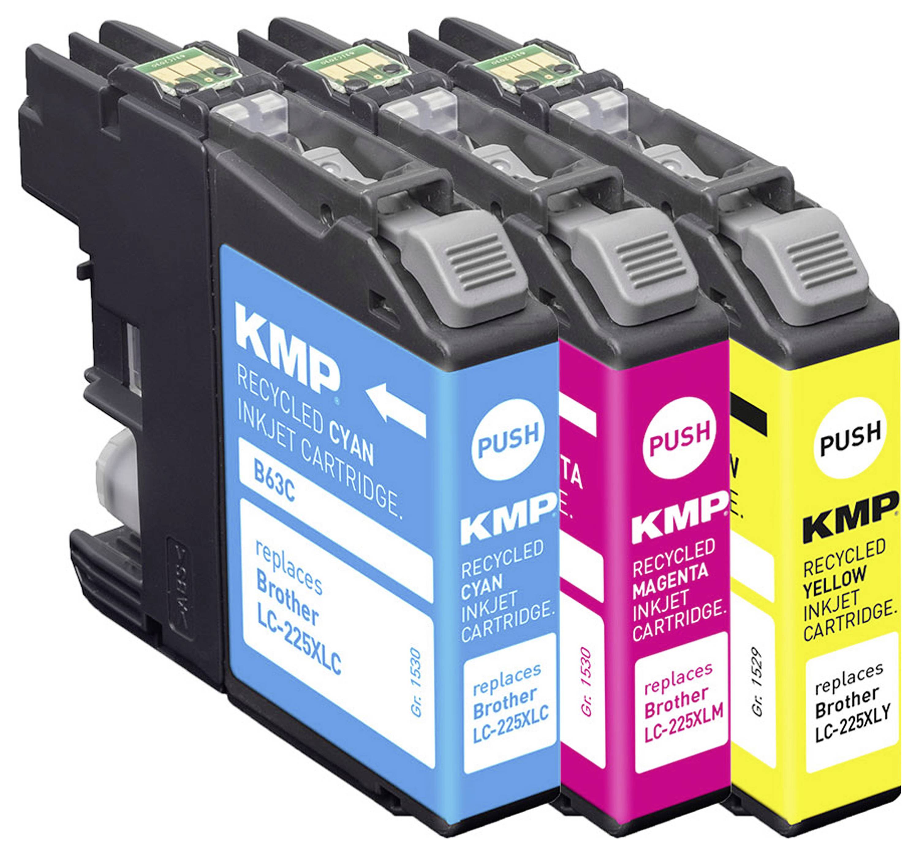 Vier KMP wiederaufbereitete Tintenstrahlpatronen in Cyan, Magenta und Gelb, übereinander gestapelt dargestellt mit Drucktasten und Etiketten für Brother LC-225XL Ersatzteile.