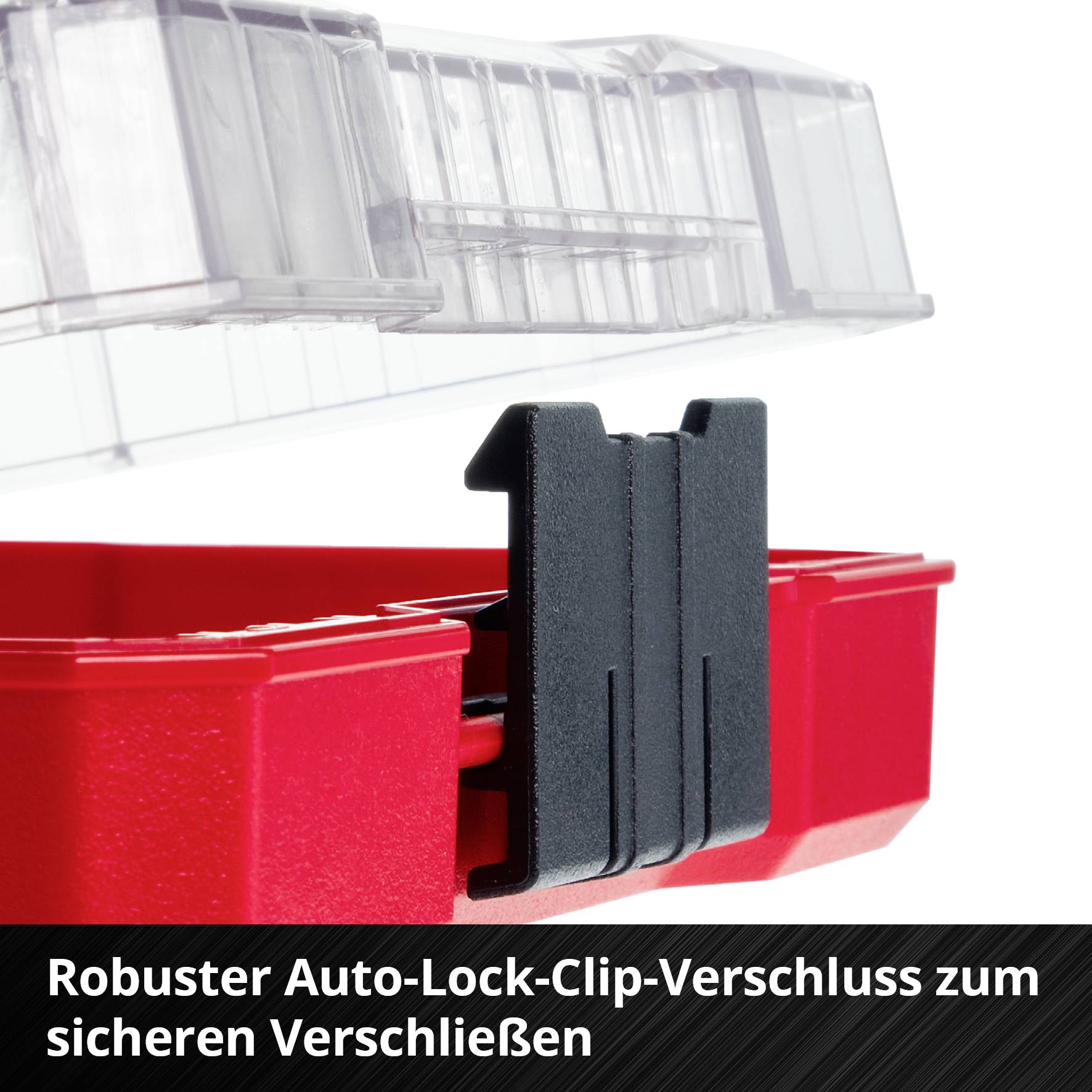 Rotes Kunststoffgehäuse mit robustem Auto-Lock-Clip-Verschluss. Text unten: 'Robuster Auto-Lock-Clip-Verschluss zum sicheren Verschließen'.
