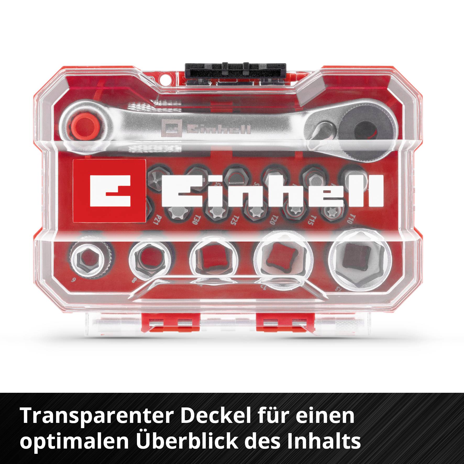 Ein Set von Steckschlüsseln und Bits in einer durchsichtigen roten Box mit der Aufschrift 'Einhell'.