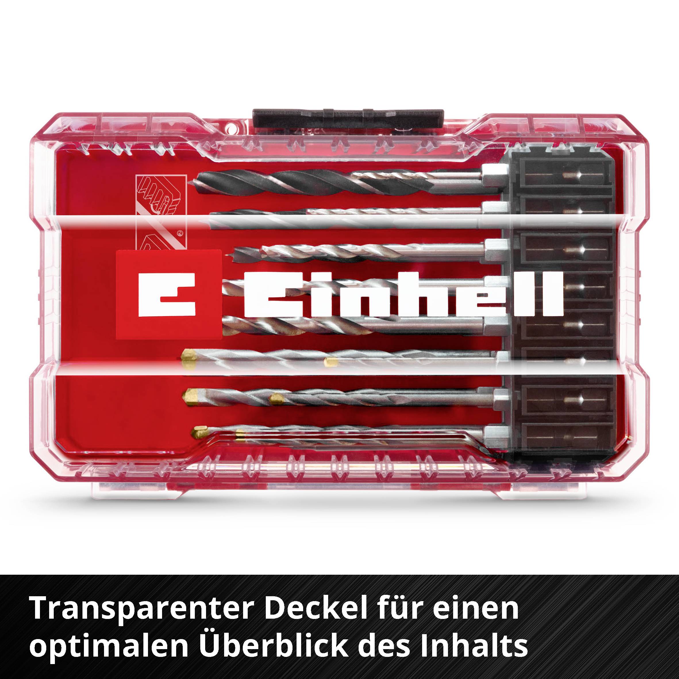 Einhell-Bohrer-Set in durchsichtiger Kunststoffbox mit verschiedenen Bohrern, geeignet für Metall und Beton. Schwarzer Sockel.