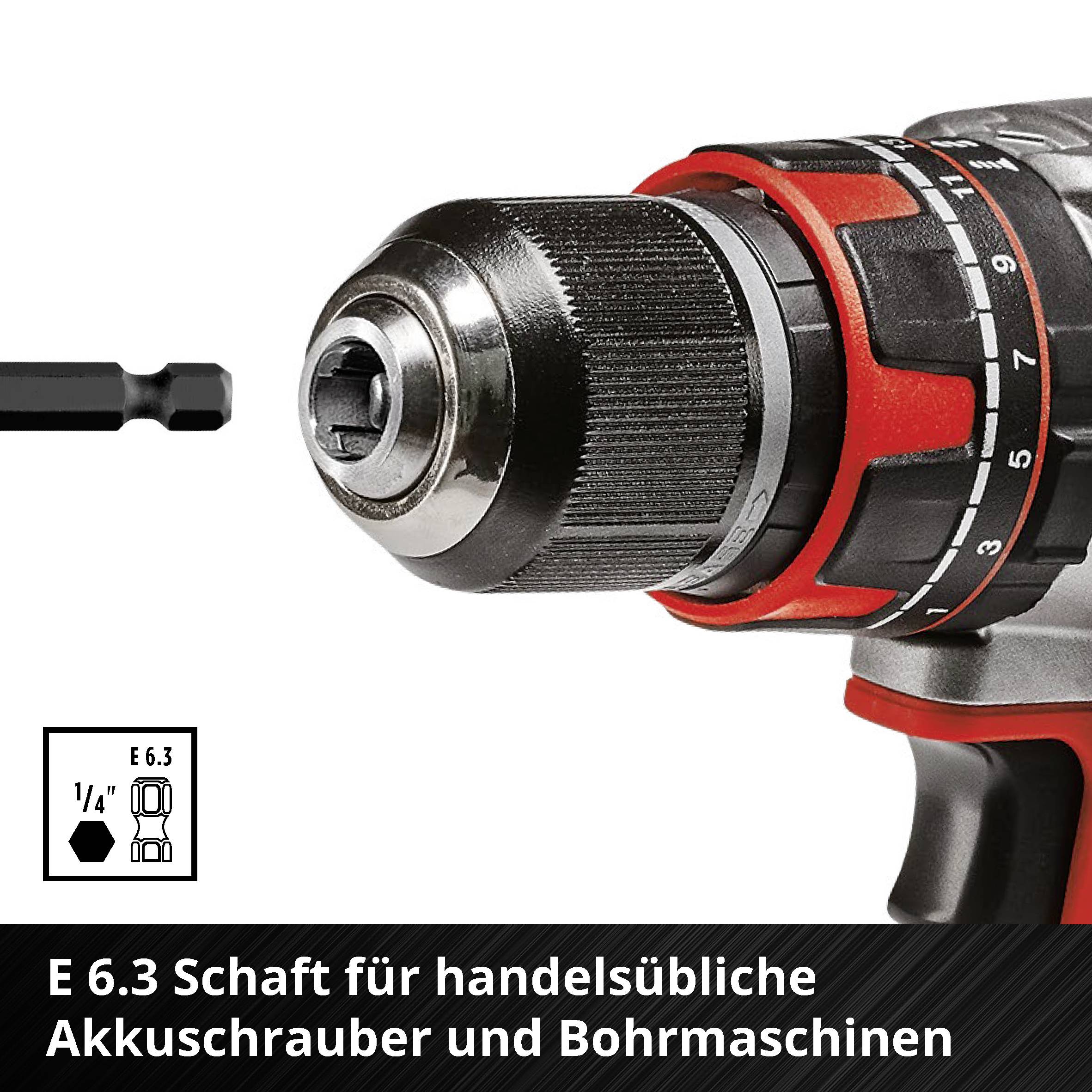 Akkuschrauber mit Bohrer, links daneben eine Abbildung eines Sechskantschafts. Text unten: 'E 6.3 Schaft für handelsübliche Akkuschrauber und Bohrmaschinen'.