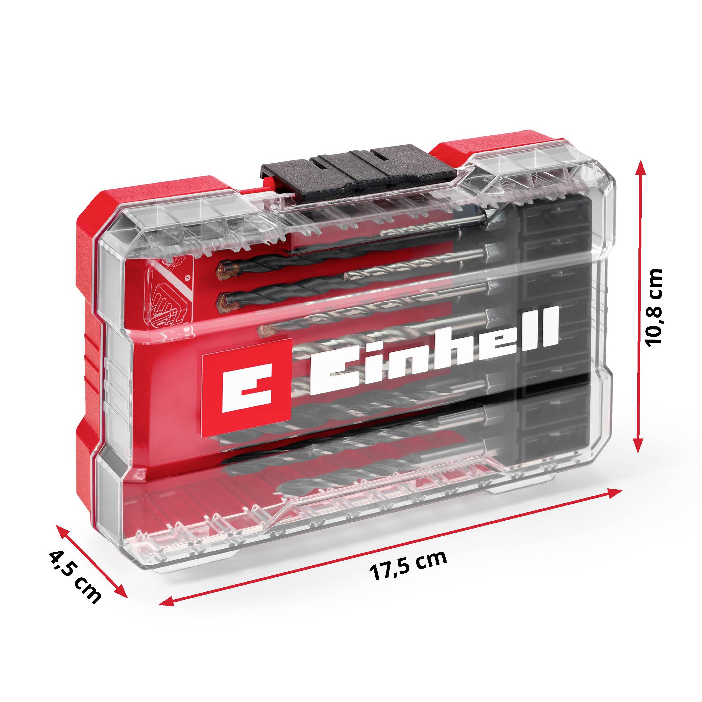 Bohrerset von Einhell in transparenter Kunststoffbox, enthält mehrere Bohrer. Aufschrift: 'Einhell'. Maße: 17,5 cm x 10,8 cm x 4,5 cm.
