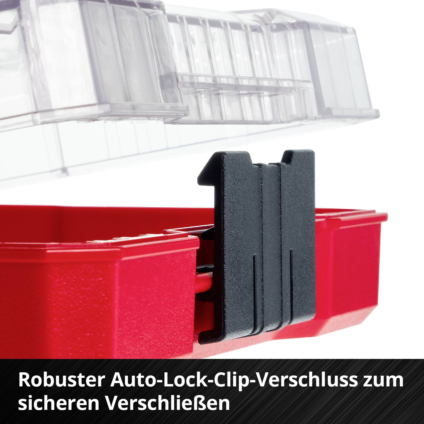 Ein roter Behälter mit transparentem Deckel. Ein schwarzer Auto-Lock-Clip-Verschluss sorgt für sicheren Verschluss.