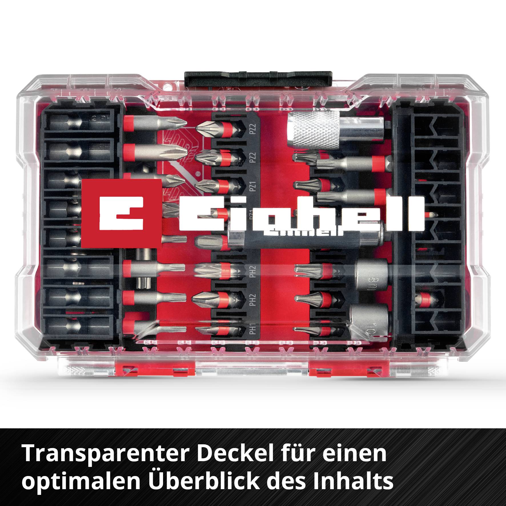 Satz mit Schrauber-Bits und Aufsätzen in transparentem Gehäuse. Text: 'Transparenter Deckel für einen optimalen Überblick des Inhalts'.