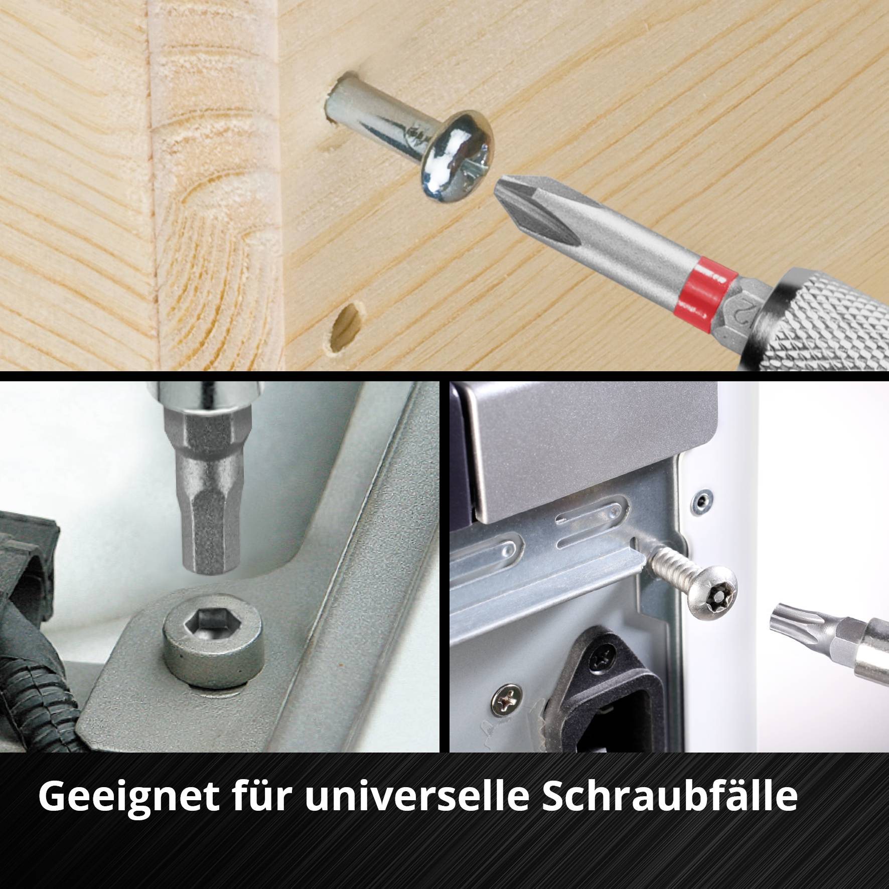 Vier Bilder zeigen unterschiedliche Szenarien des Schraubens mit einem roten Schraubendreher. Text: 'Geeignet für universelle Schraubfälle'.