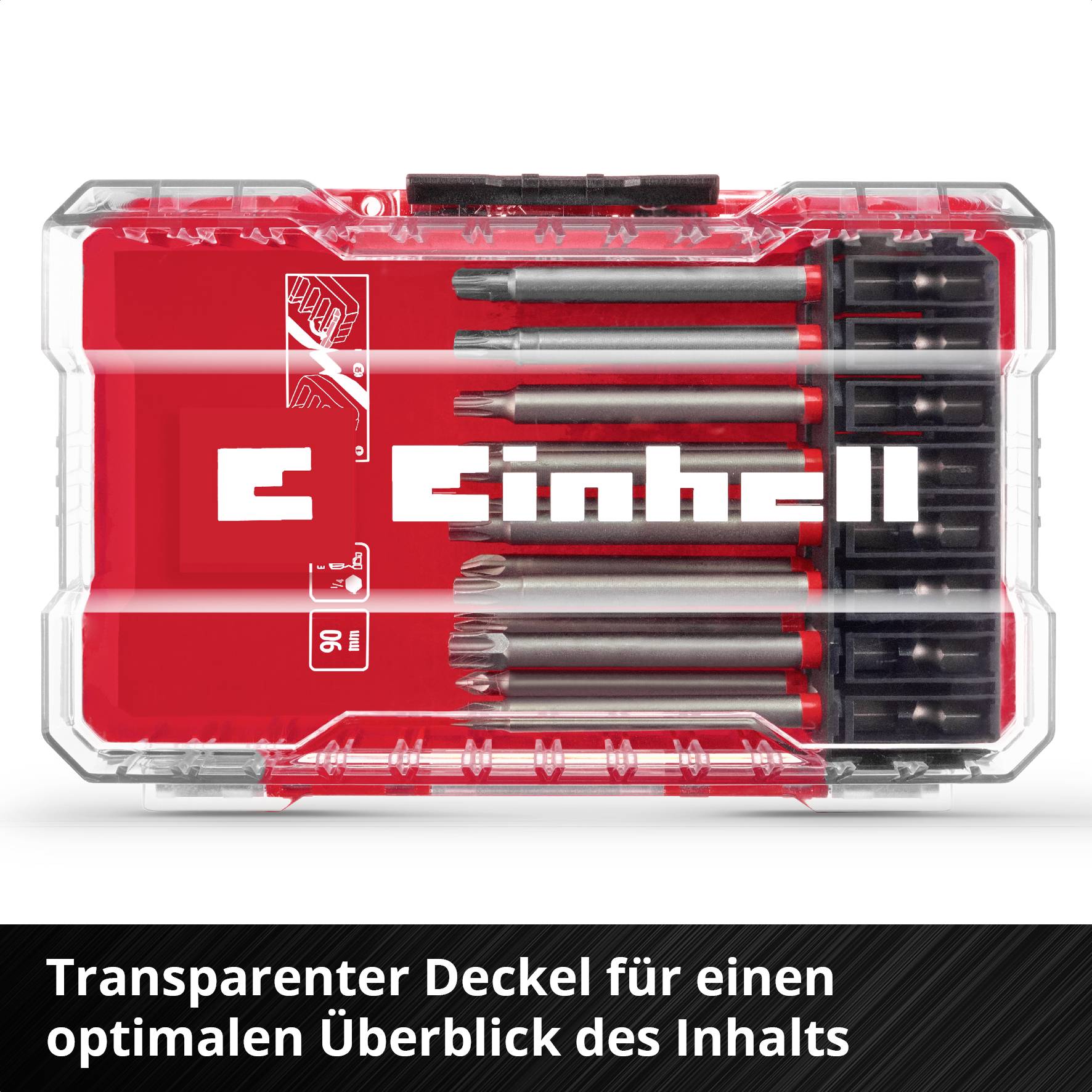Enthält sechs Bohrer und Schraubendreher-Aufsätze in einer klaren Plastikbox. Text auf der Box: 'Einhell'.