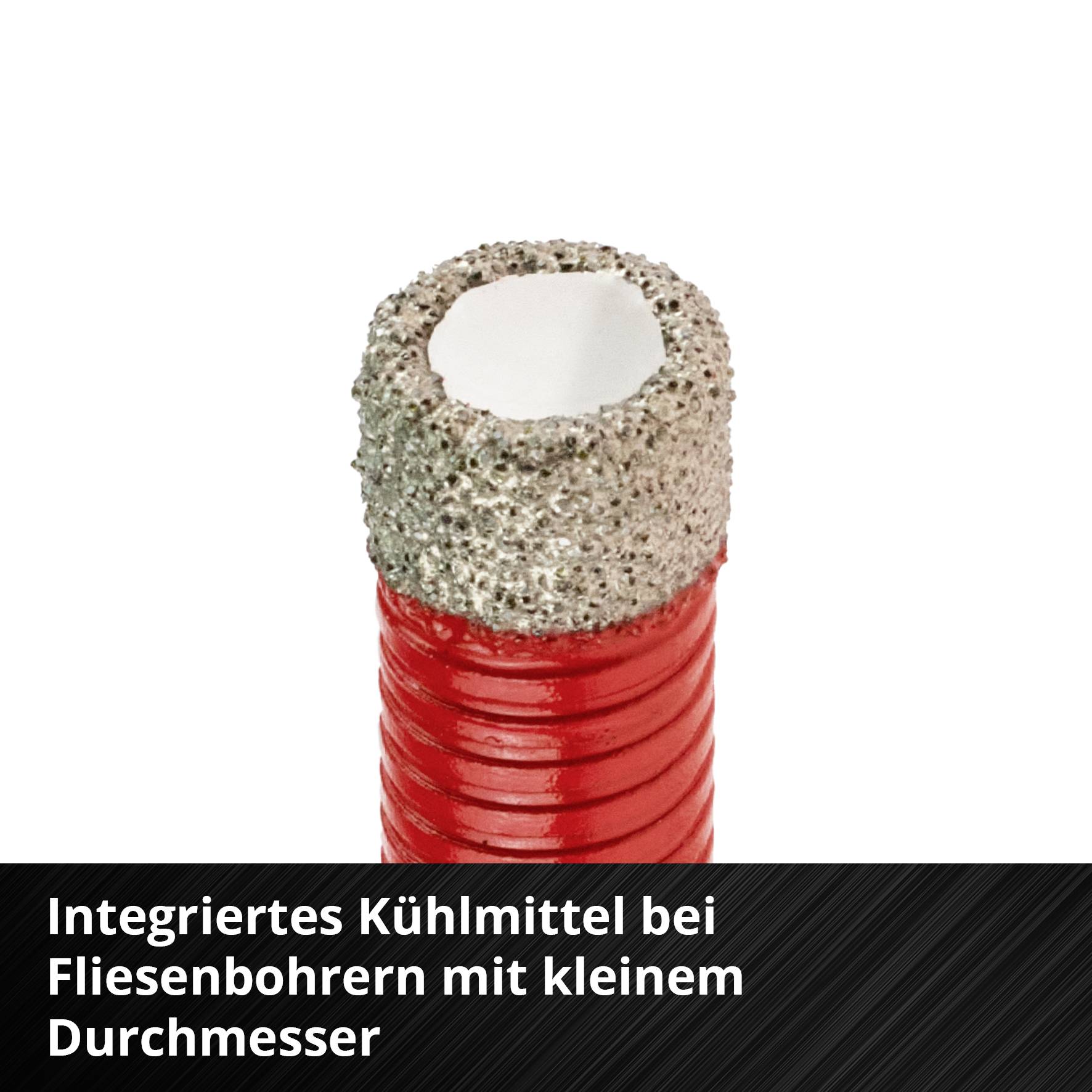 Bohraufsatz mit integriertem Kühlmittel, geeignet für das Bohren von Fliesen mit kleinem Durchmesser. Roter Schaft, graue Spitze.