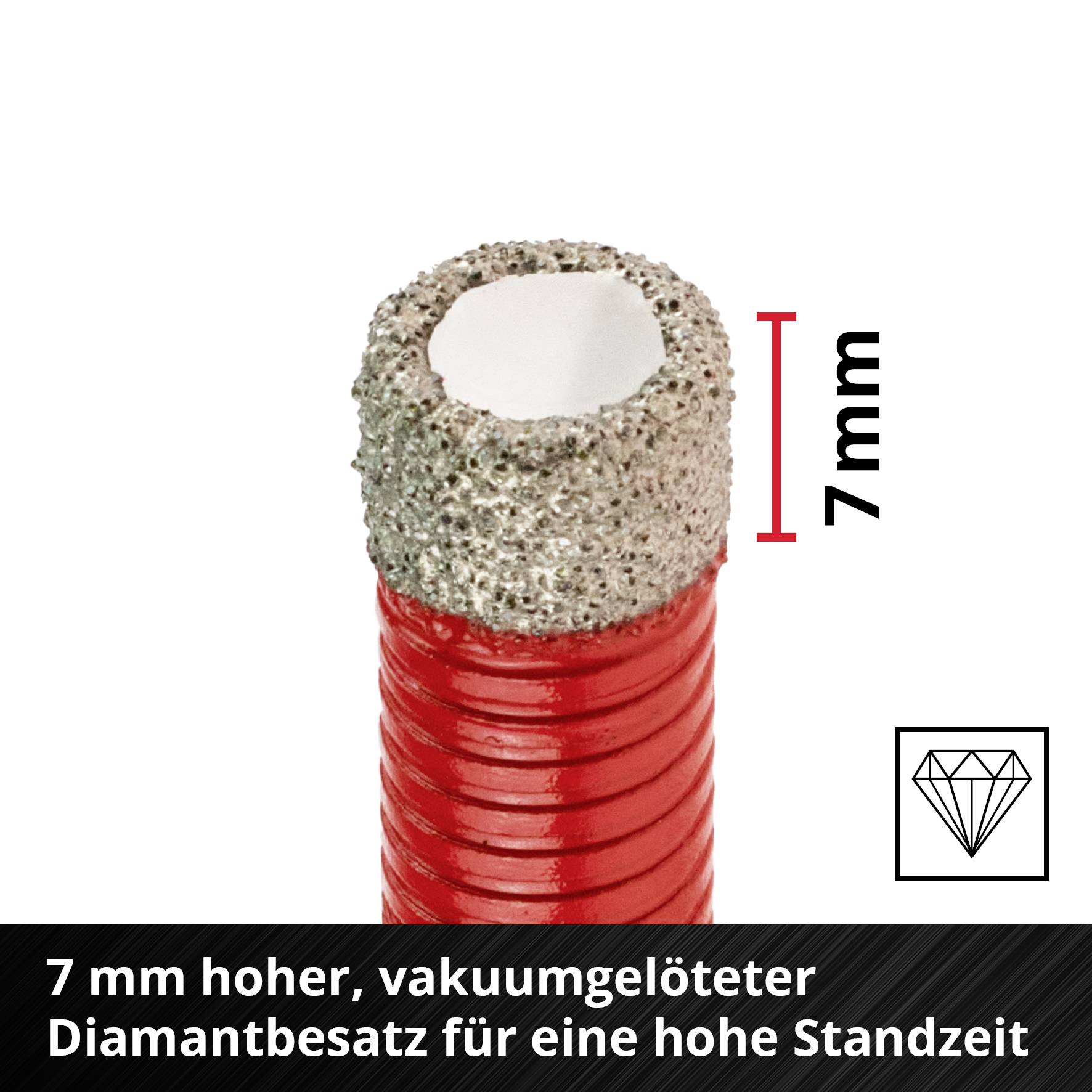 'Roter Schlauch mit 7 mm hohem, vakuumgelötetem Diamantbesatz für hohe Standzeit.' Text zeigt Höhe und symbolisiert Qualität.