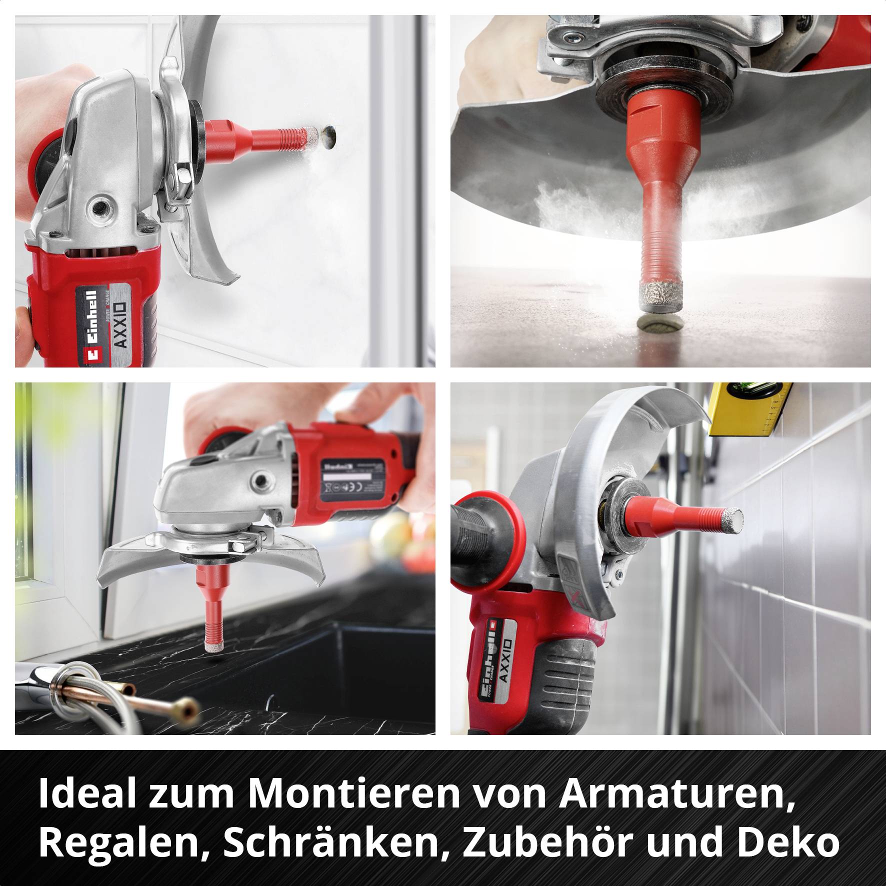 Vier Bilder zeigen Werkzeuge bei der Montage von Armaturen, Regalen und Schränken. Text: 'Ideal zum Montieren von Armaturen, Regalen, Schränken, Zubehör und Deko'.