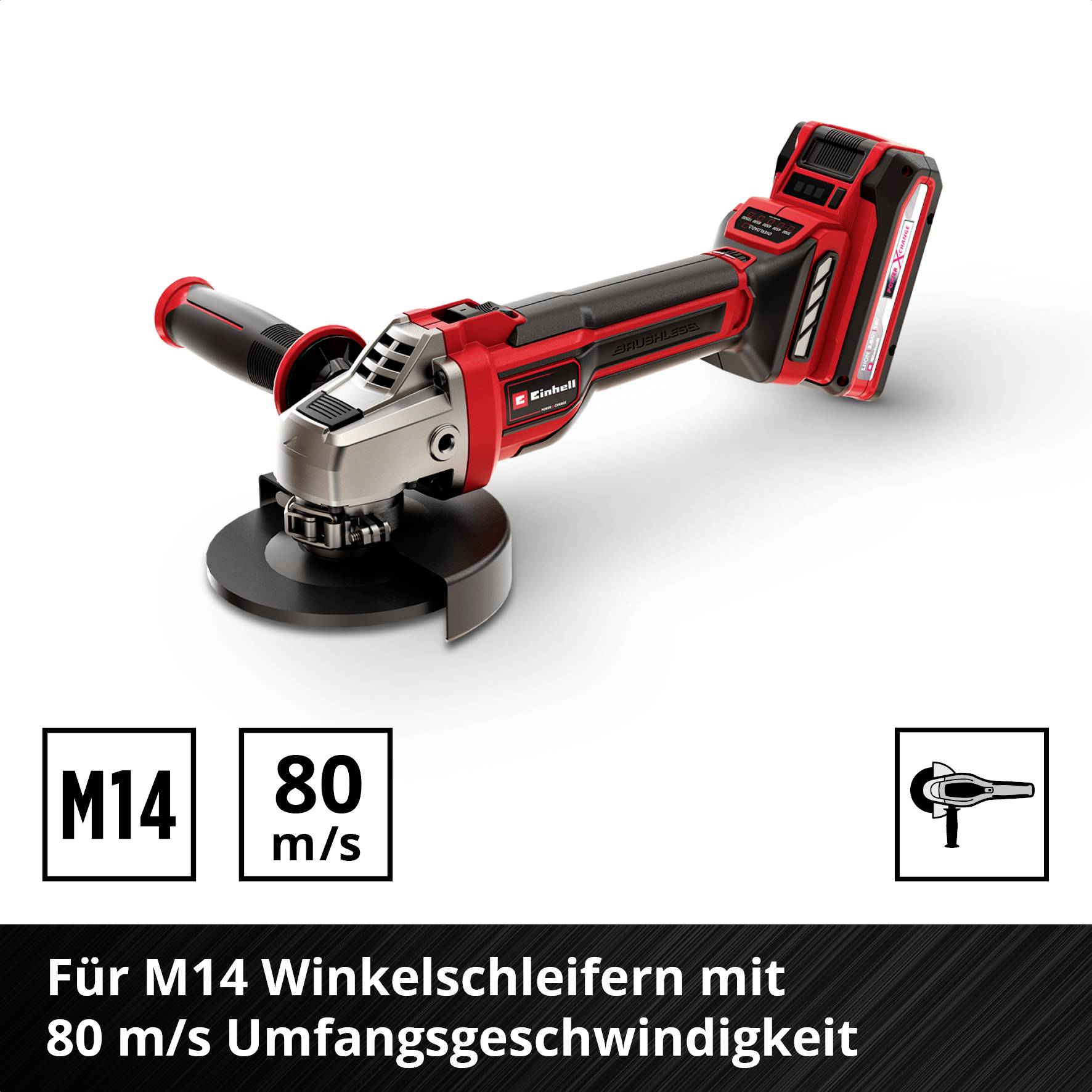 Winkelschleifer mit Akku und rotem Gehäuse. Text: 'Für M14 Winkelschleifern mit 80 m/s Umfangsgeschwindigkeit'.