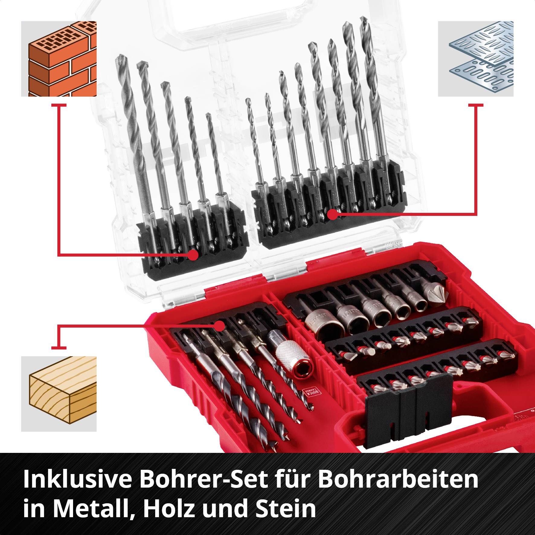 Geöffneter Koffer mit verschiedenen Bohrern und Schraubaufsätzen. Text: 'Inklusive Bohrer-Set für Bohrarbeiten in Metall, Holz und Stein'. Symbole für Materialien links.