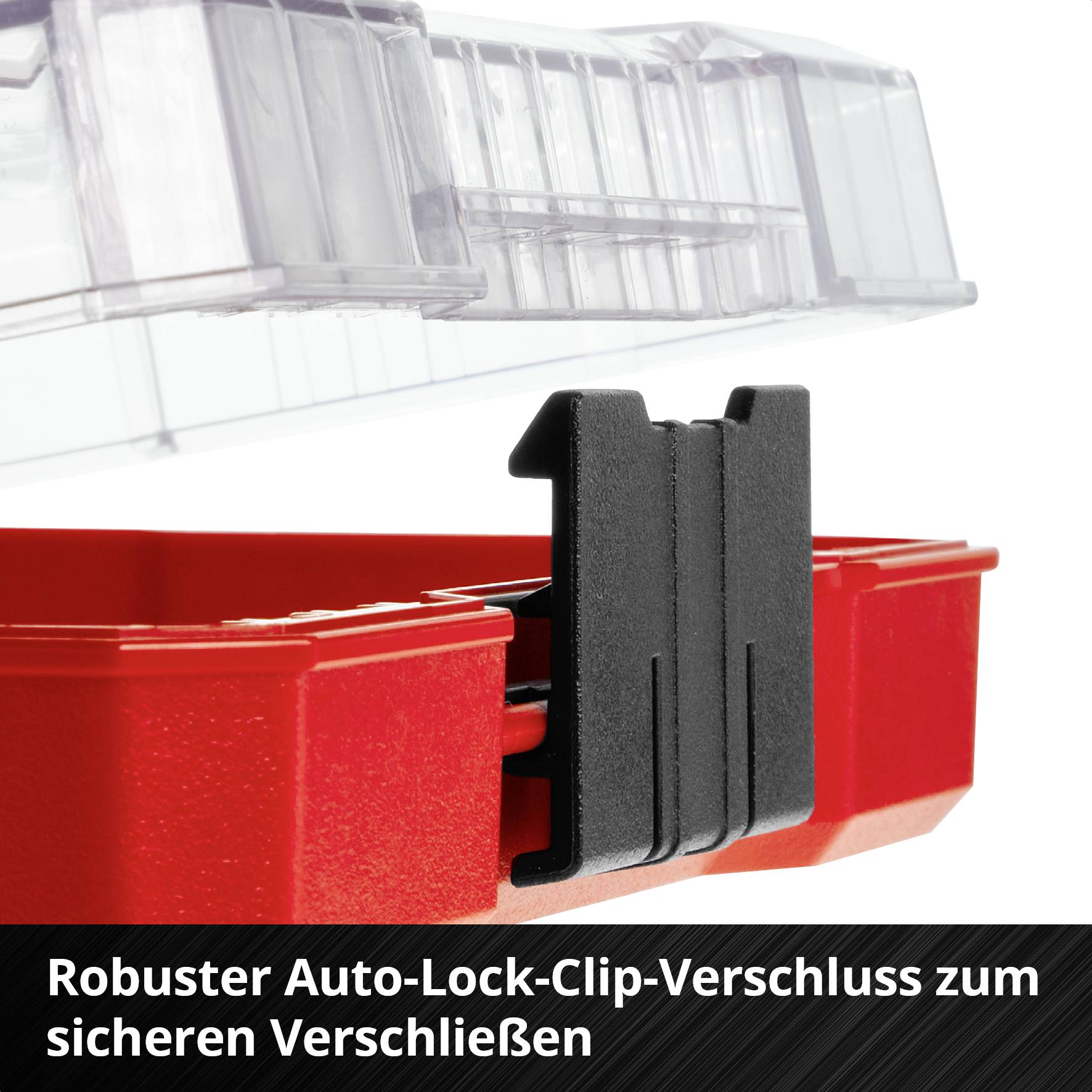 Roter Behälter mit durchsichtigem Deckel und schwarzem Auto-Lock-Clip-Verschluss für sichere Aufbewahrung.