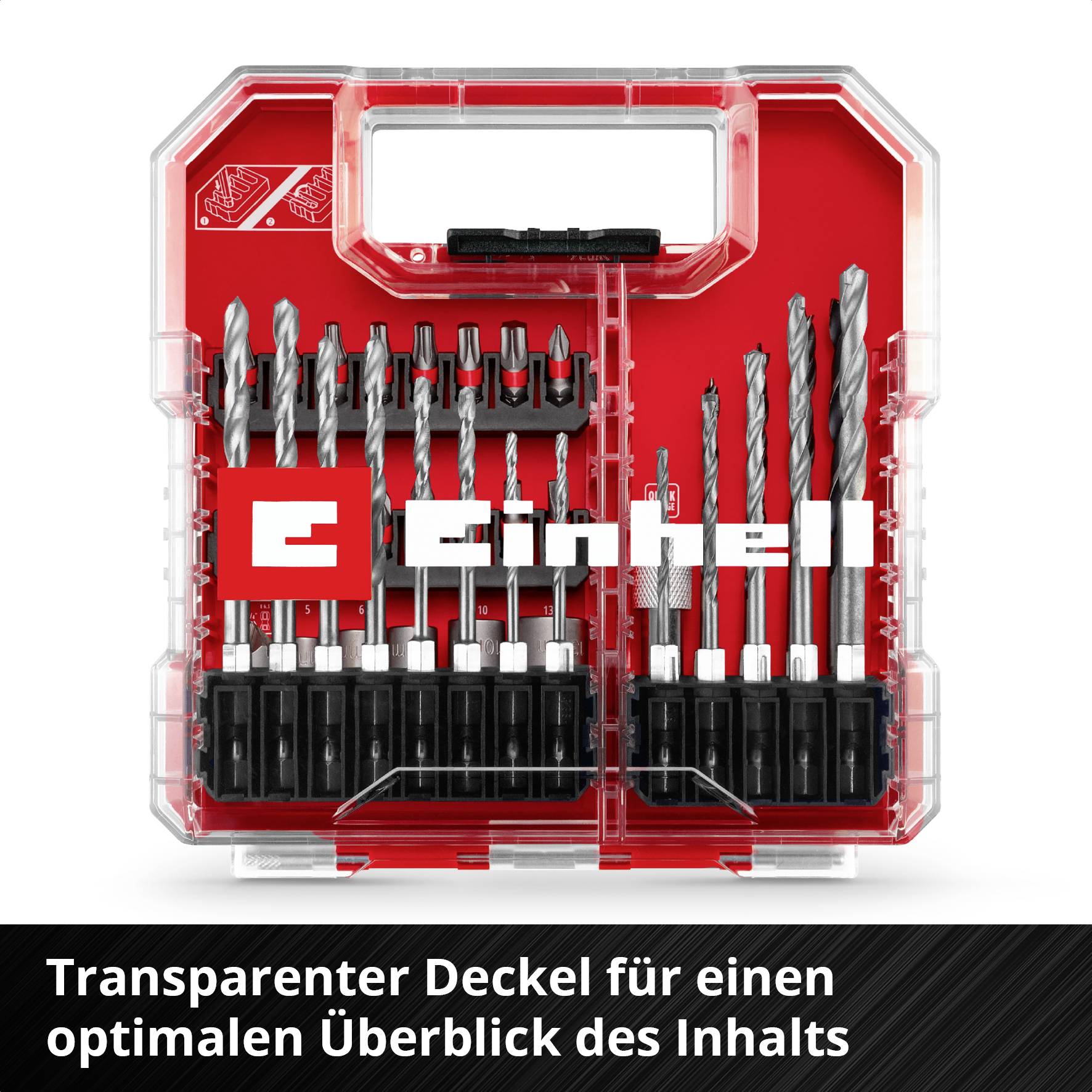 Einhell Werkzeug-Set in transparenter Box, ideal für Überblick über Inhalt. Verschiedene Bohrer und Bits in roter und schwarzer Farbgebung.