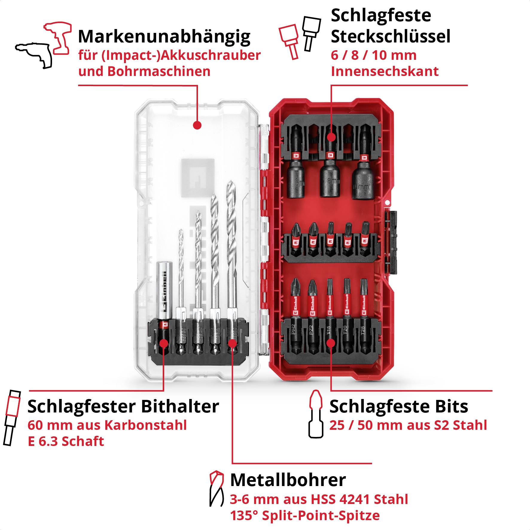 Einhell Steckschlüssel-Bit-Einsatz-Set 1/4" (6.3 mm) 18teilig 108709