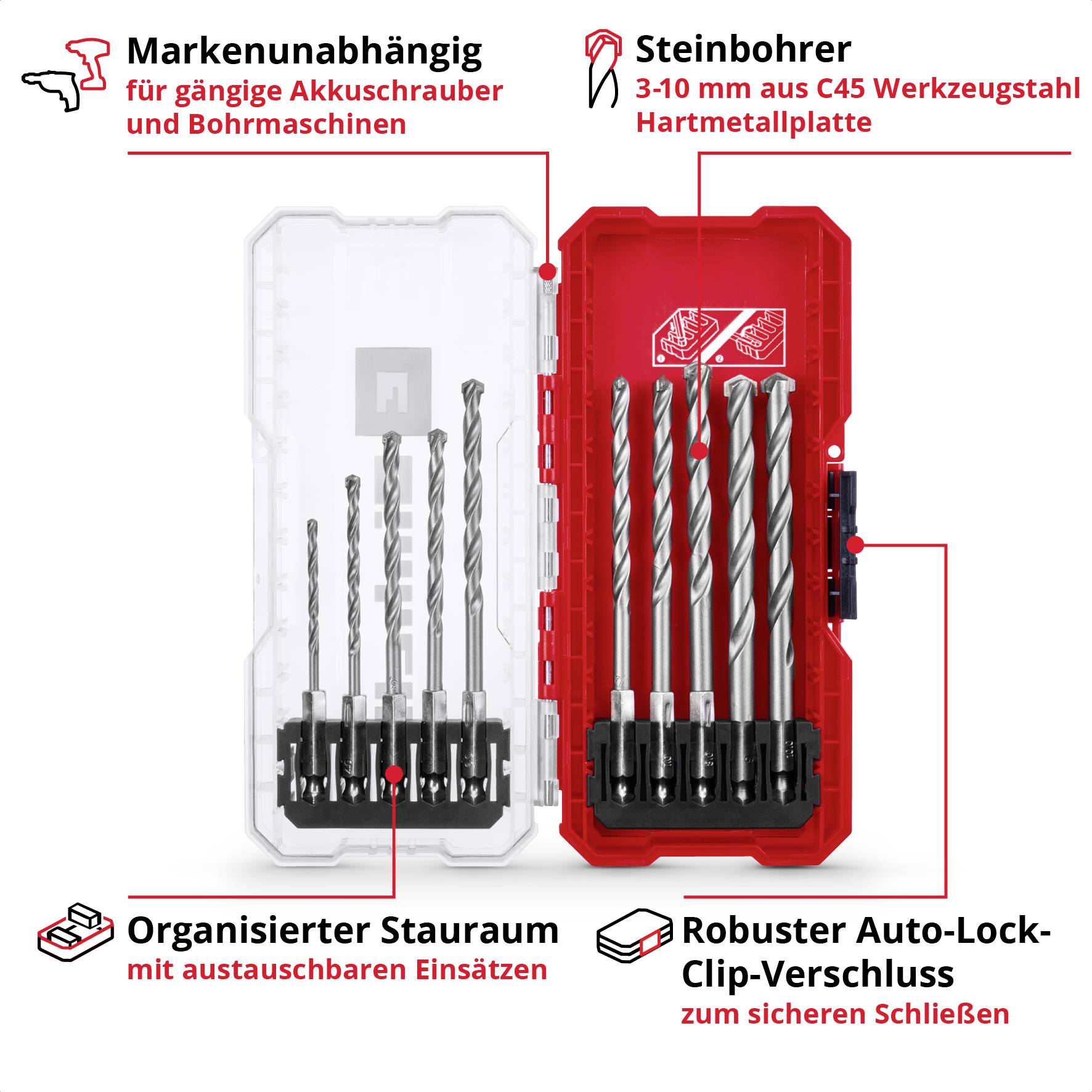 'Bohrerset' in rotem Etui enthält Steinbohrer und Metallbohrer mit verschiedenen Größen. Enthält beschriftete Fächer und Auto-Lock-Clip.