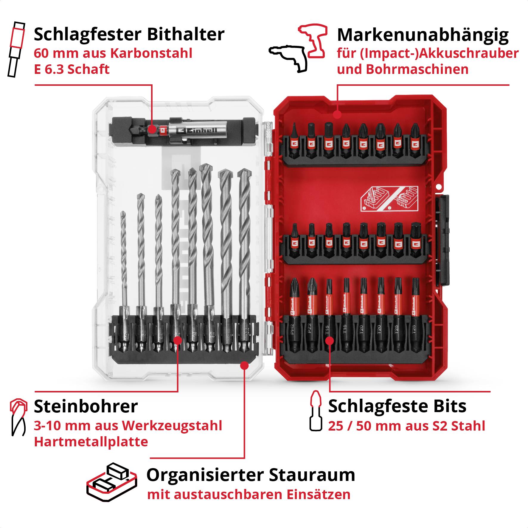 Werkzeugset mit Bohrern und Bits: Schlagfester Bithalter, Steinbohrer, schlagfeste Bits; markenunabhängig. Organisierter Stauraum.