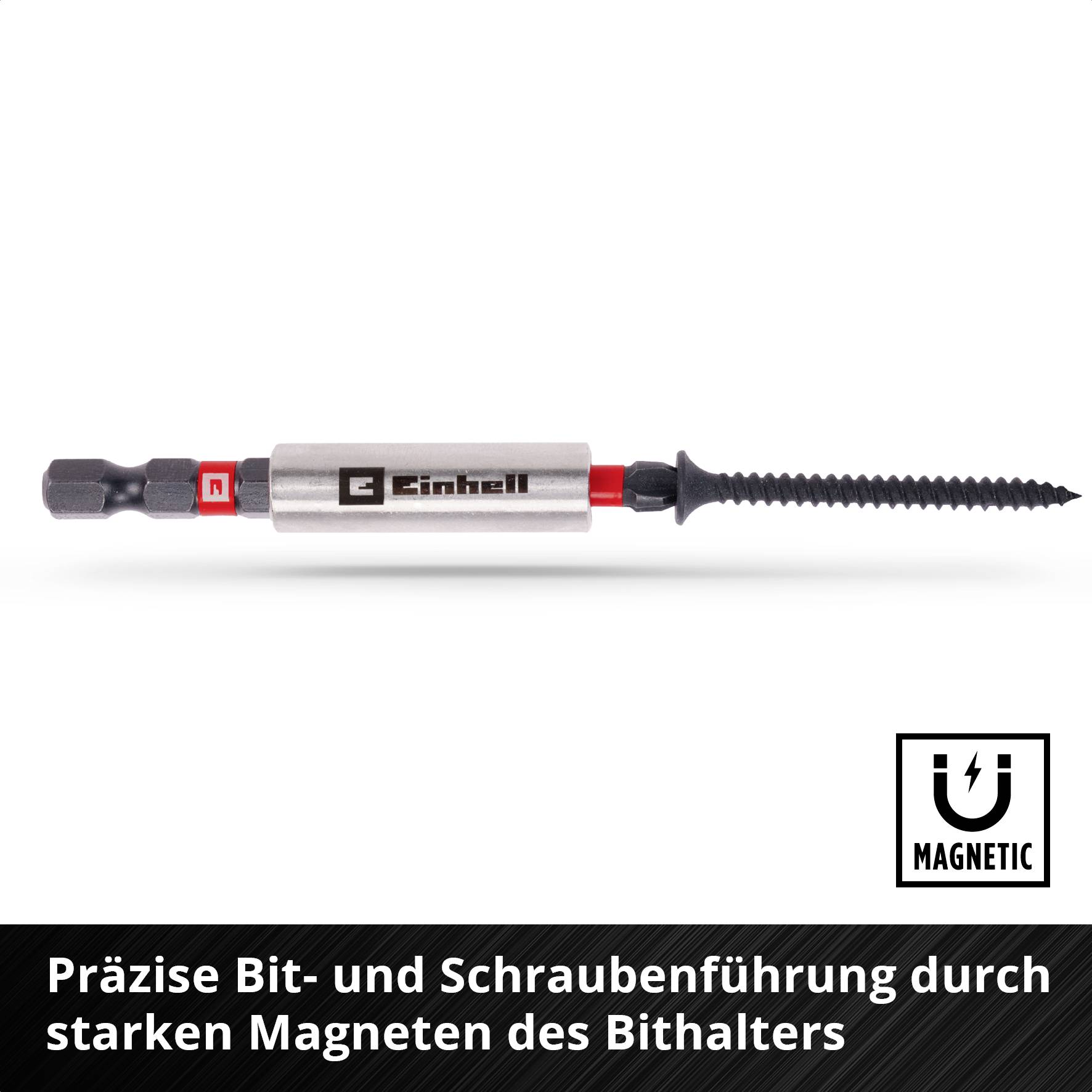 Ein silberner Bithalter mit magnetischen Eigenschaften, verbunden mit einer langen, schwarzen Schraube. Text: Präzise Führung.