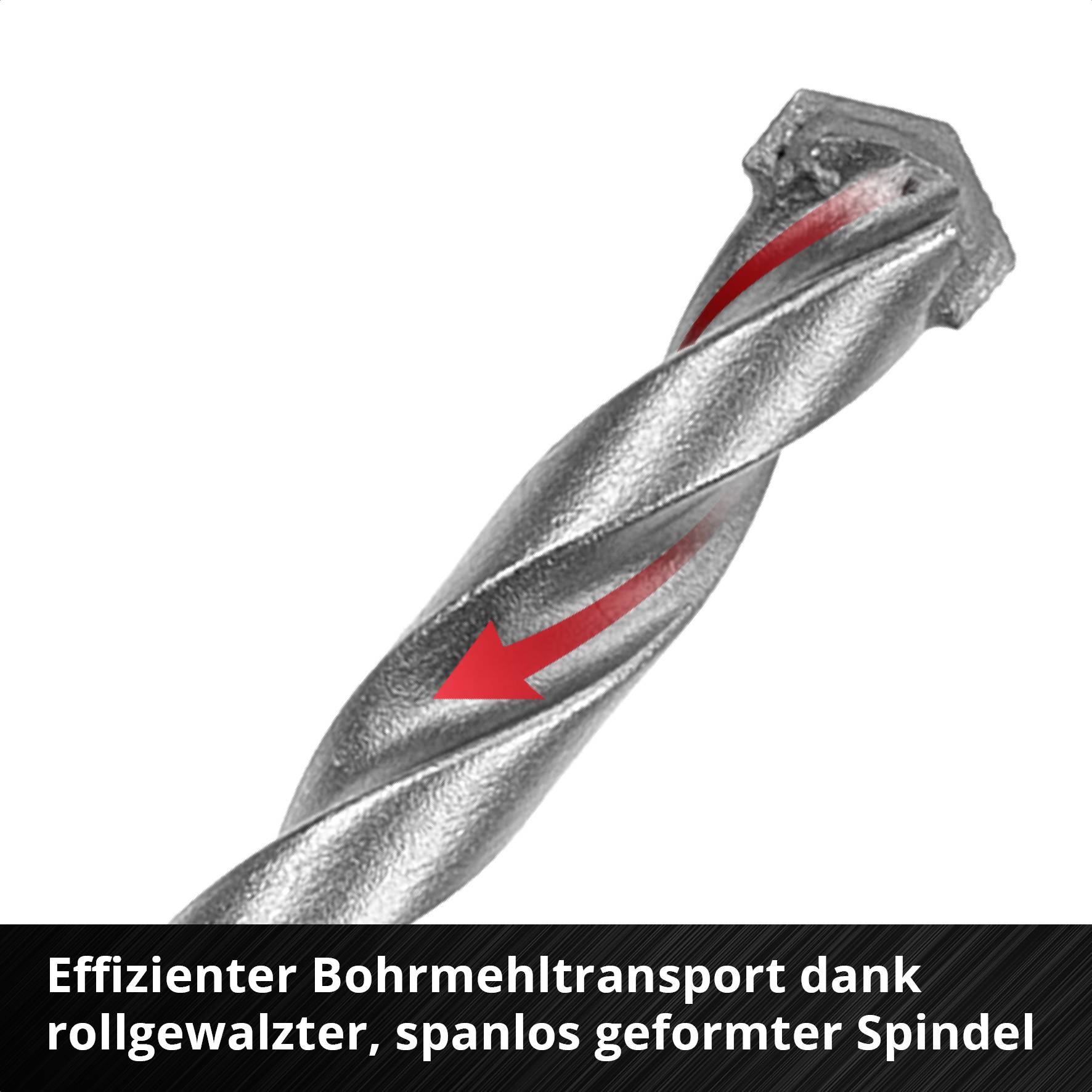 Der Bild zeigt einen Bohrer mit einer roten Linie, die den spiraligen Schliff hervorhebt, und den Text: 'Effizienter Bohremohltransport dank rollgewalzter, spanlos geformter Spindel'.