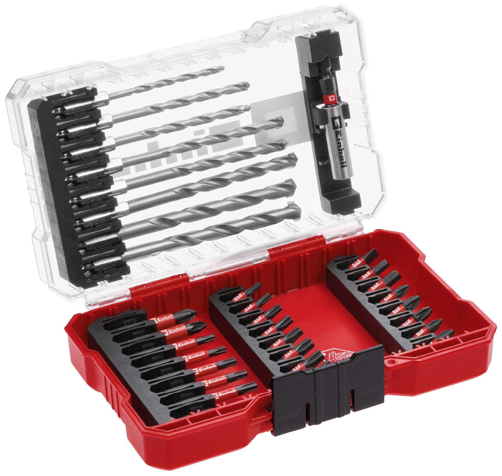 Ein rotes Bohrer- und Bitsatz-Kit mit verschiedenen Bohrern und Bits in einer durchsichtigen Kunststoffbox.