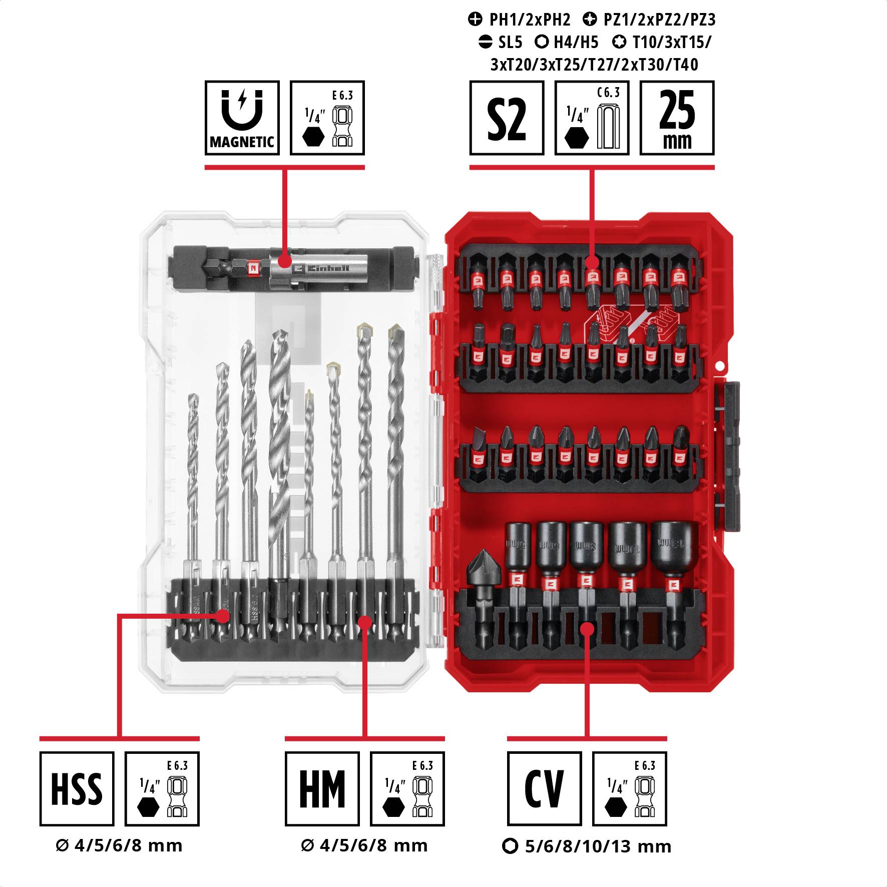 Bohr- und Bit-Set in rotem Kasten. Beinhaltet magnetischen Bithalter, diverse Bohrer und Schraubendreherbits in verschiedenen Größen.