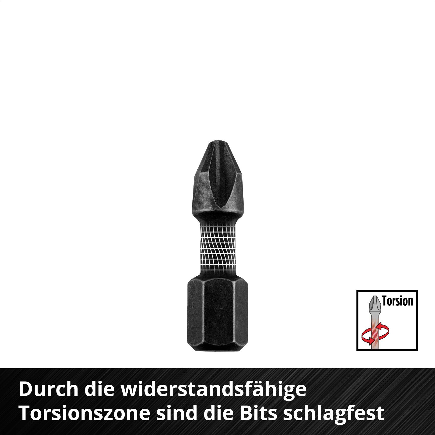 'Bits mit schlagfester Torsionszone für erhöhte Widerstandsfähigkeit.' Ein Bild eines schwarz-grauen Schraubendreherbits, mit einer Grafik und Text.