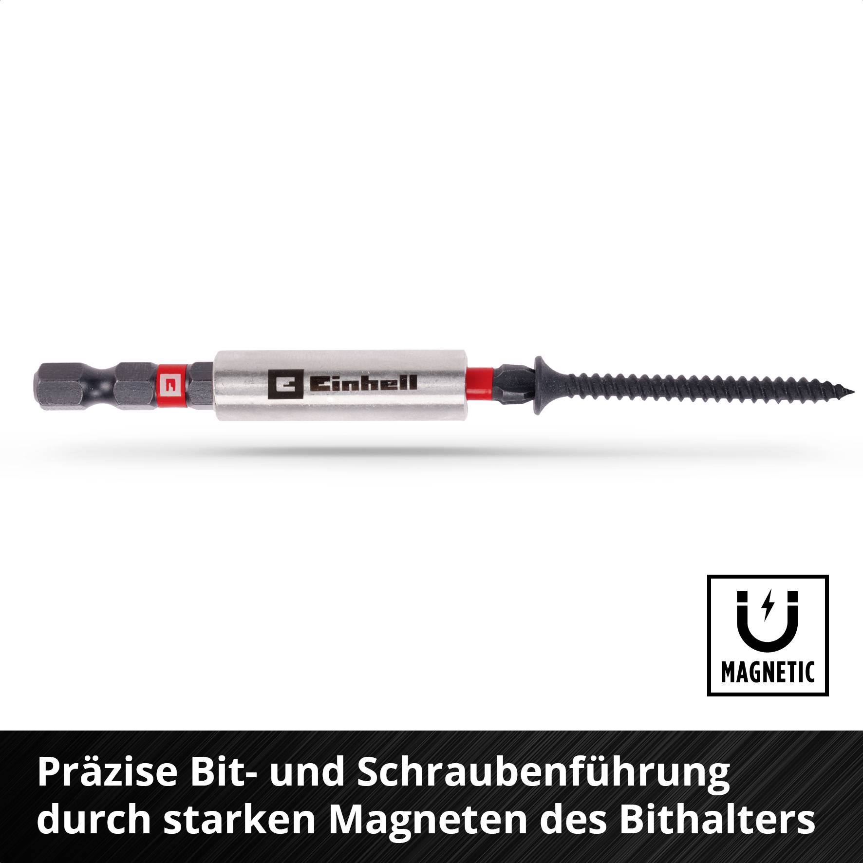Ein Schraubendreher-Bit mit magnetischem Bithalter ist abgebildet. Darunter steht: 'Präzise Bit- und Schraubenführung'.
