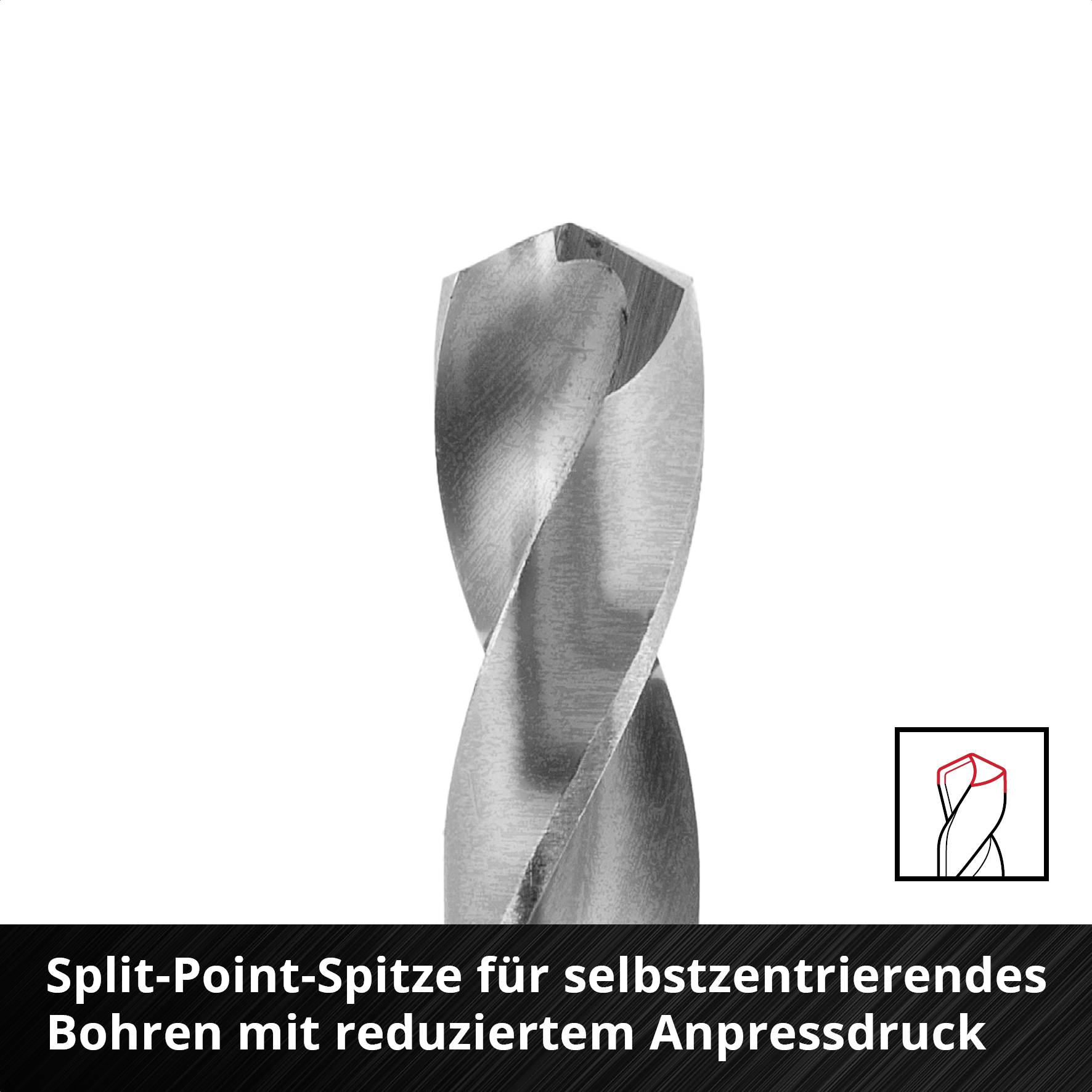 Nahaufnahme eines Bohrers mit Split-Point-Spitze zur Selbstzentrierung. Text: Split-Point-Spitze für selbstzentrierendes Bohren mit reduziertem Anpressdruck.