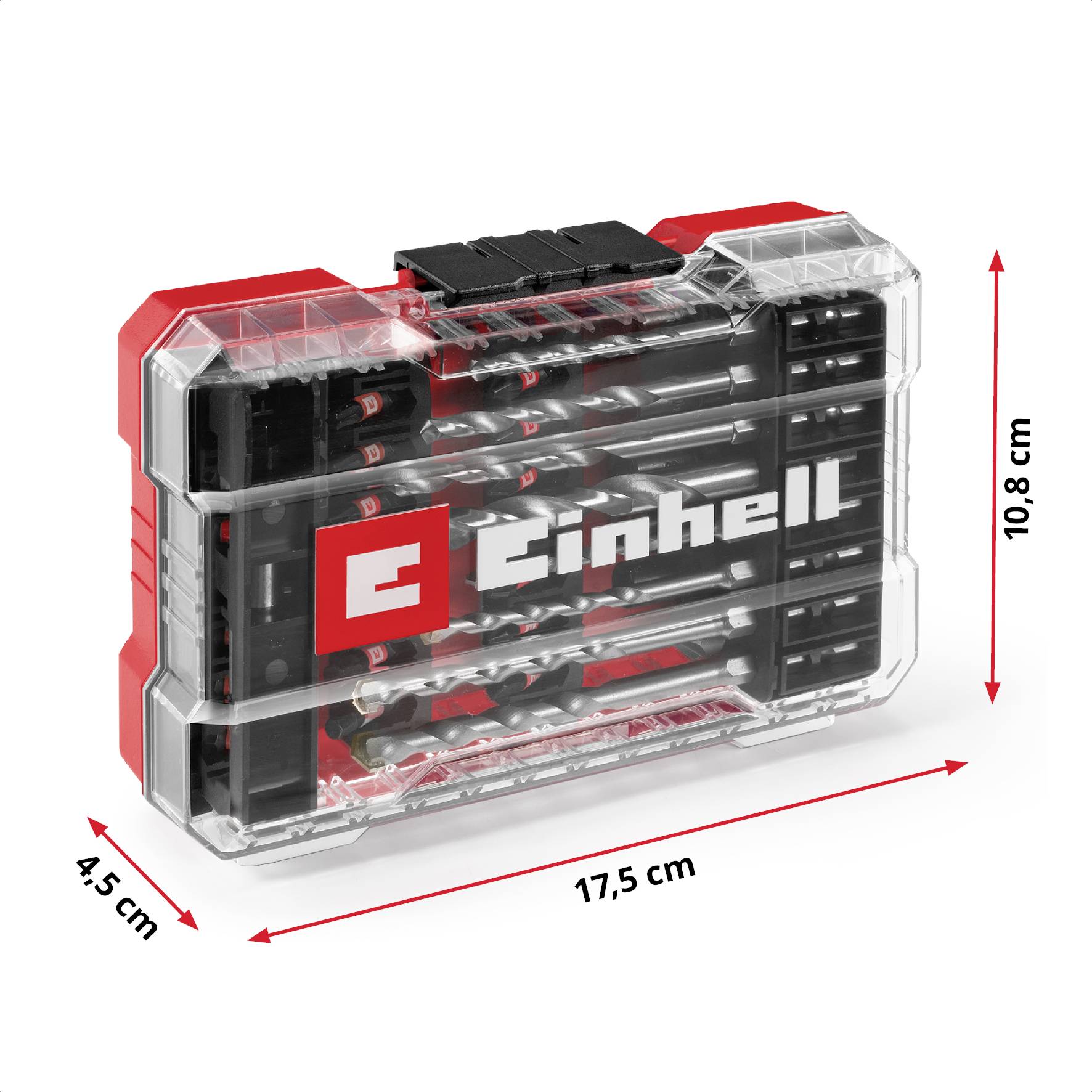 Einhell Schraubenbitsatz in transparenter Aufbewahrungsbox mit den Maßen 17,5 cm x 10,8 cm x 4,5 cm. Enthält verschiedene Bits.