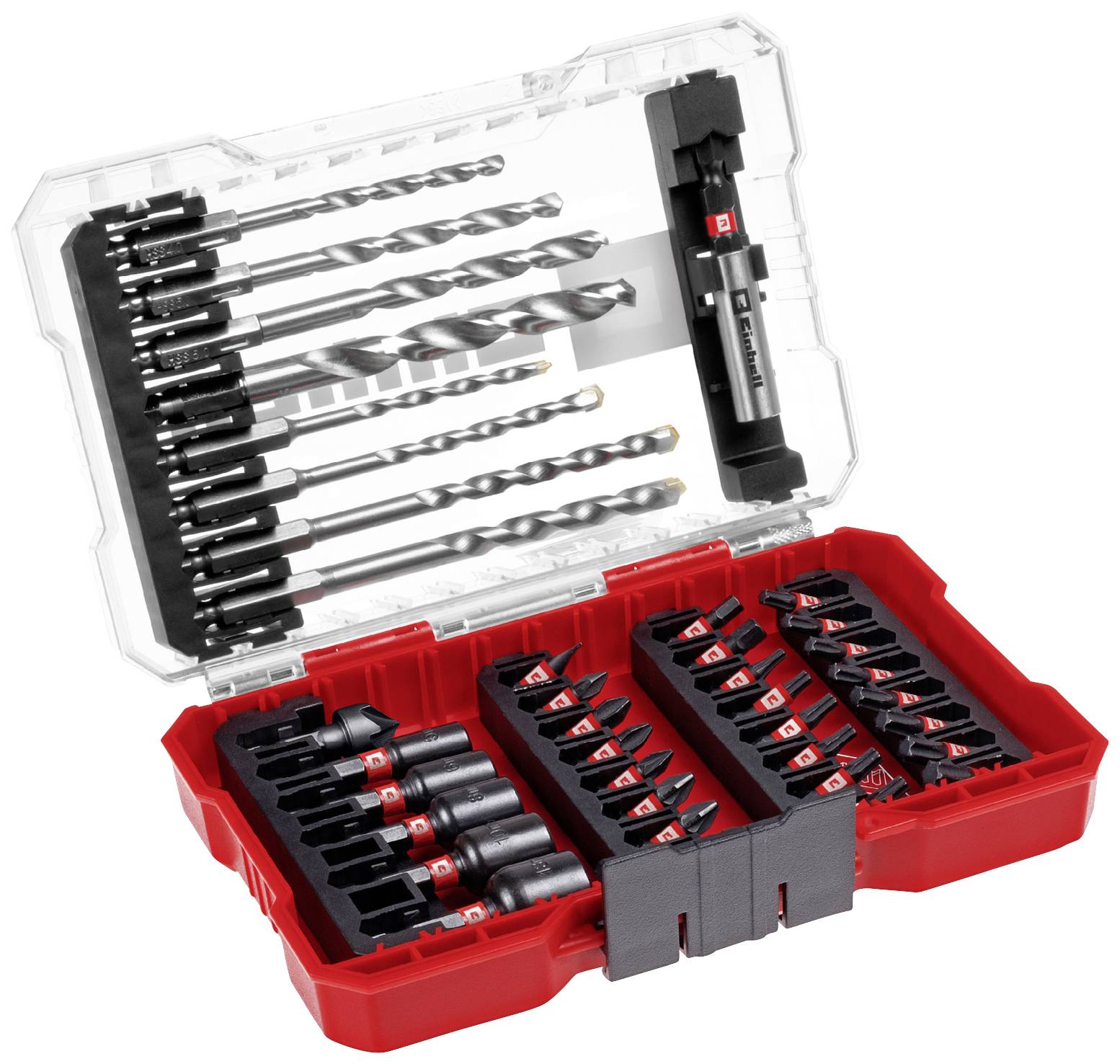 Bohrer- und Schrauber-Bit-Set in rotem Etui mit transparentem Deckel. Enthält verschiedene Bohrergrößen und Typen. Ideal für Heimwerker.