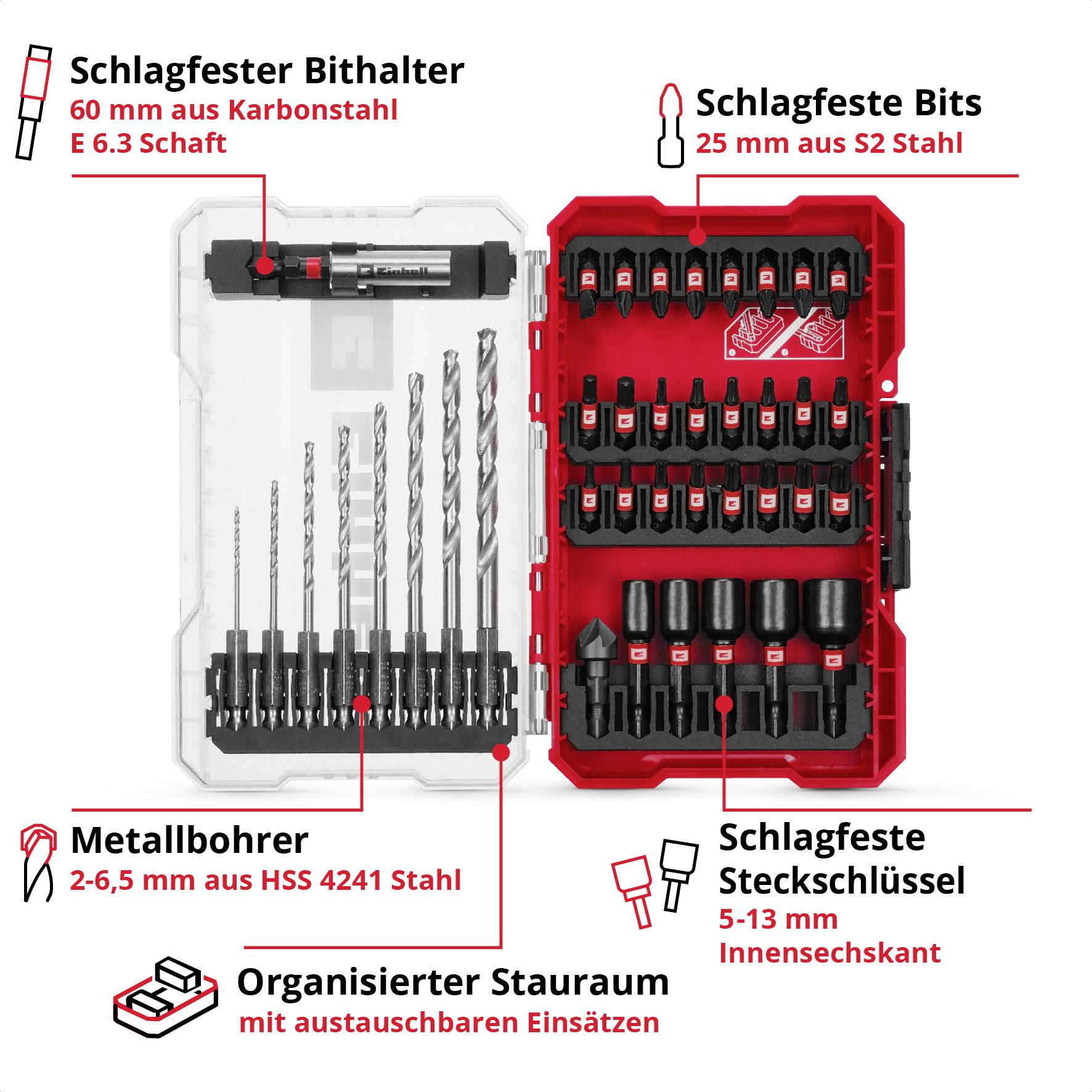 Werkzeugset mit schlagfestem Bithalter, Metallbohrer, Bits und Steckschlüsseln in einem organisierten Aufbewahrungskoffer.