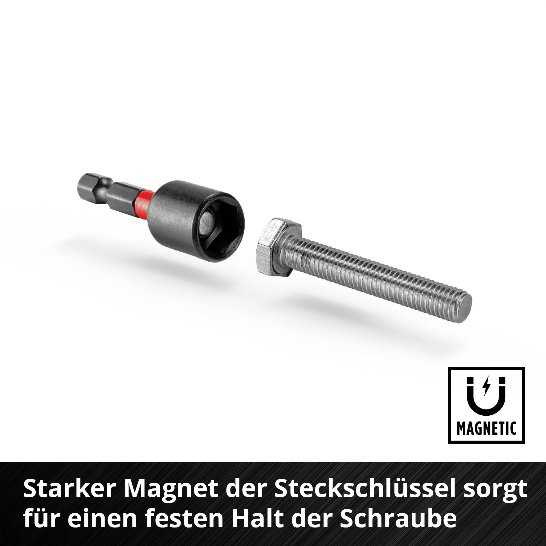 Steckschlüssel mit starkem Magneten hält Schraube fest, verhindert Wackeln. Ideal für sicheren Halt beim Schraubendrehen.