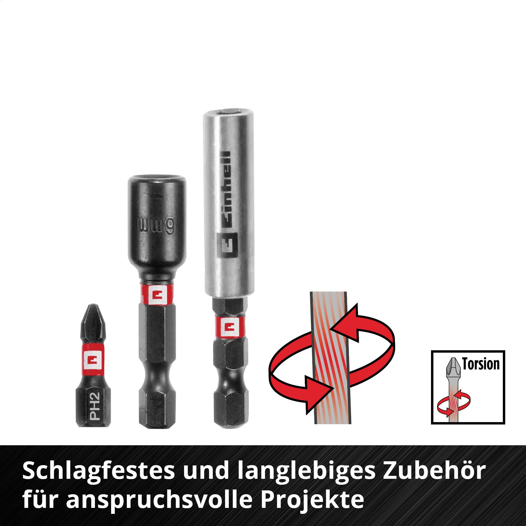 'Drei verschiedene Bits und Aufsätze, die schlagfest und langlebig sind, mit einem Hinweis auf Torsionseigenschaften. Text: 