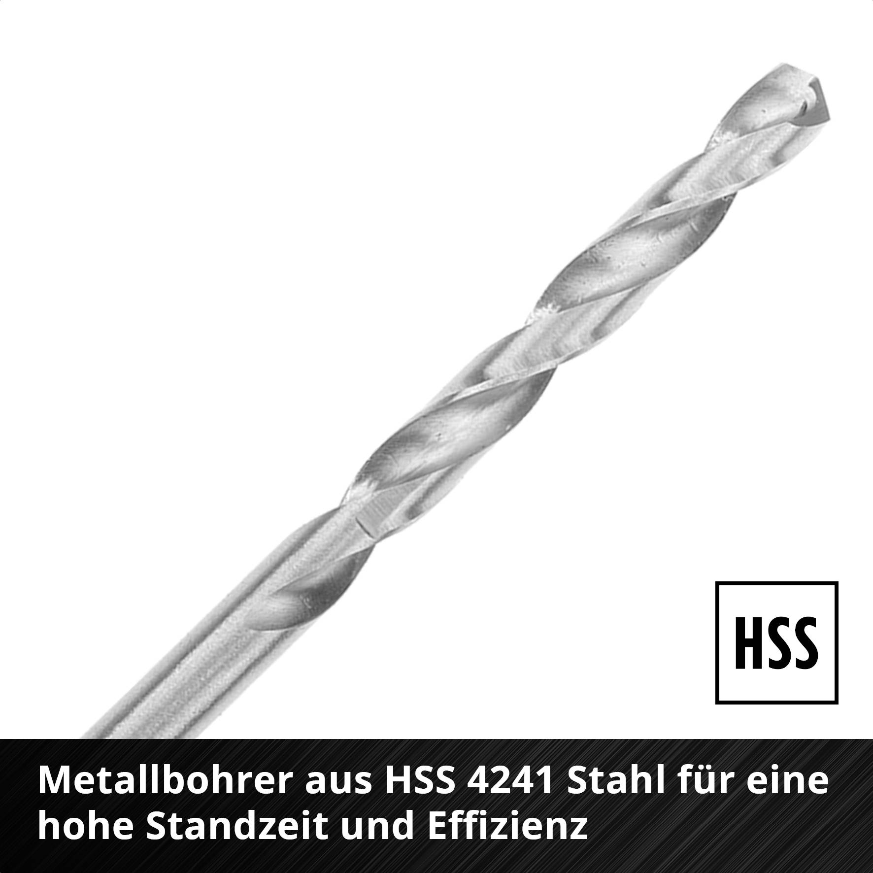 Metallbohrer aus HSS 4241 Stahl, bietet hohe Standzeit und Effizienz, abgebildet auf weißem Hintergrund, mit HSS Logo.
