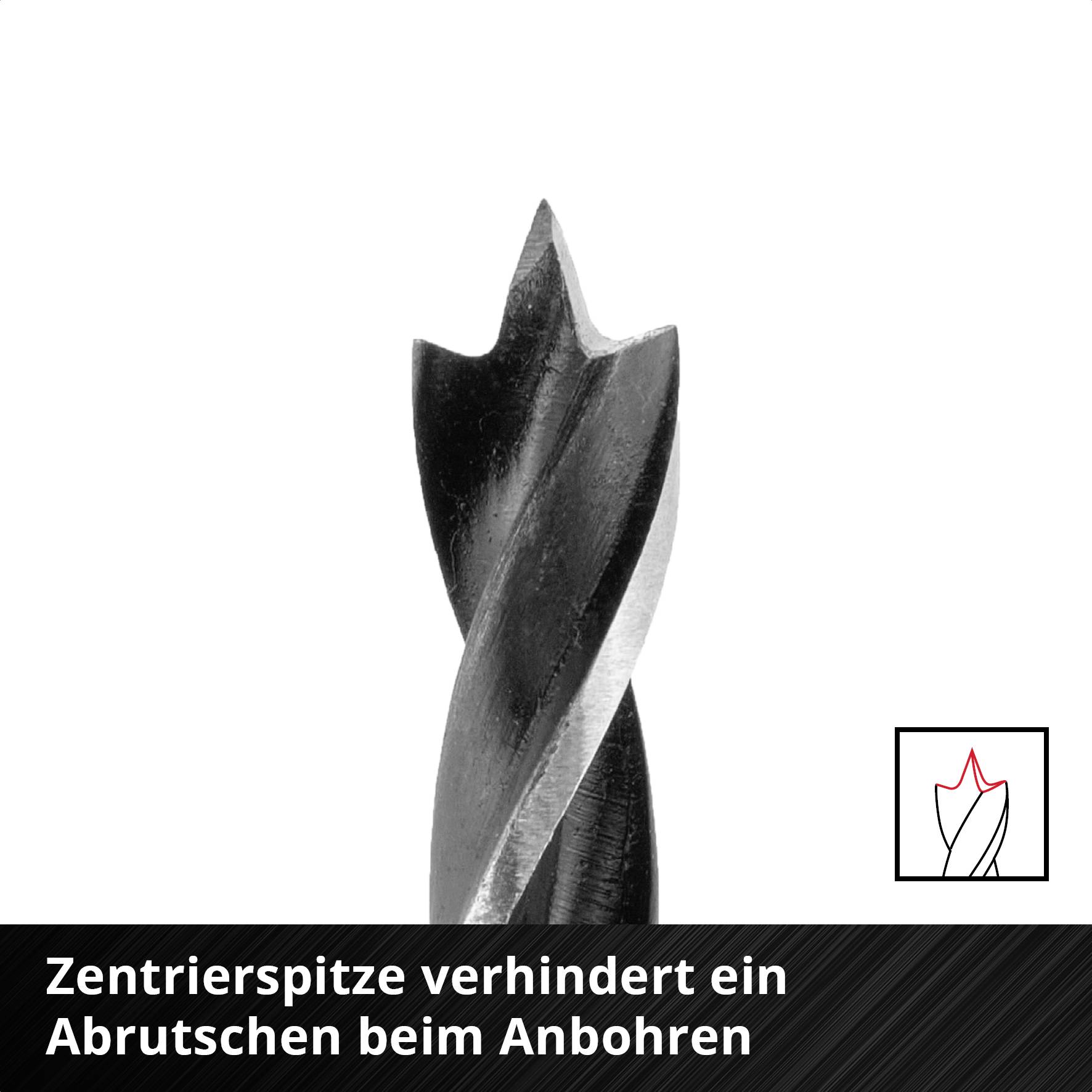Bohrer mit Zentrierspitze, die ein Abrutschen beim Anbohren verhindert. Schwarzes, spiralförmiges Design für Präzision.